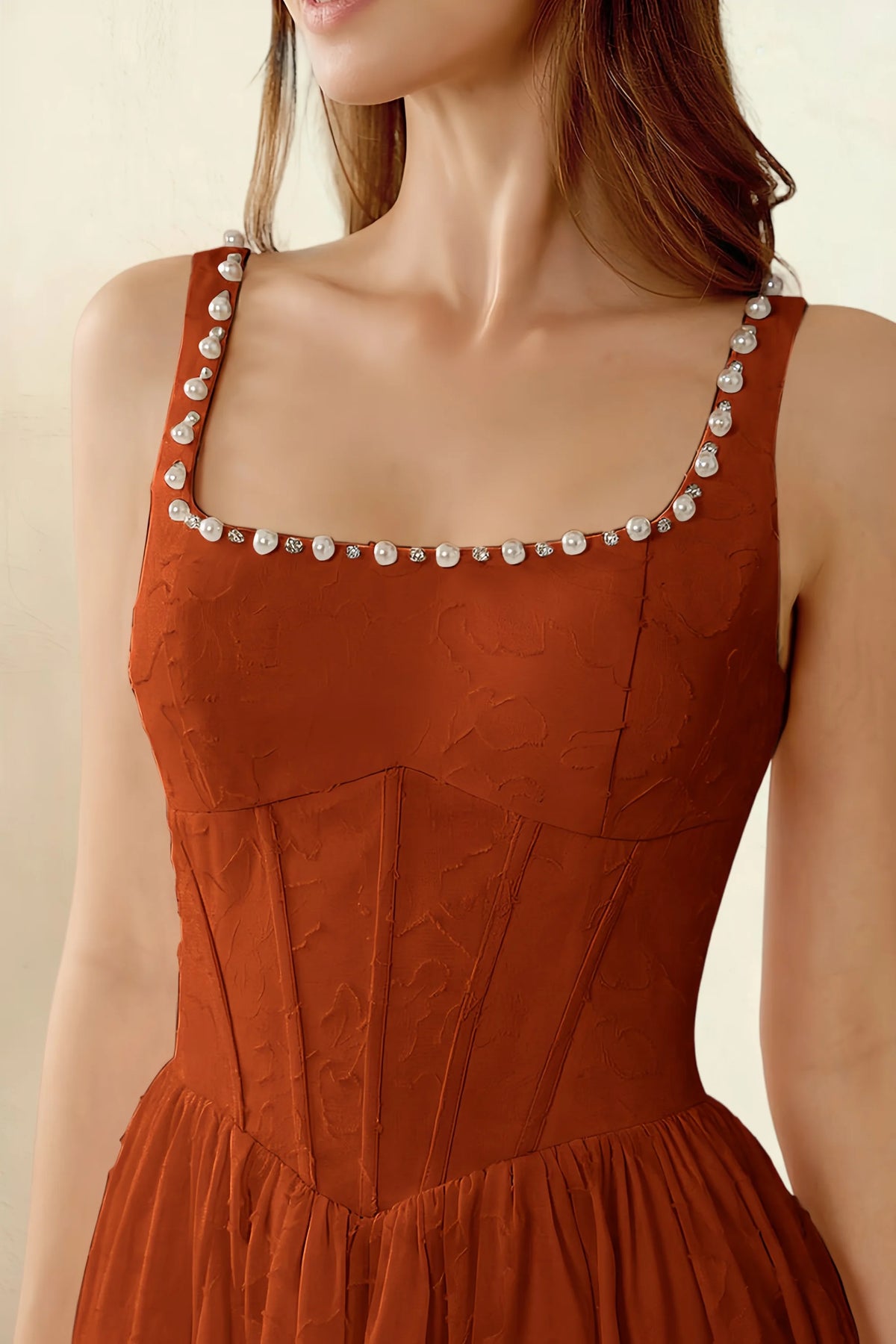 Alana Paprika Jacquard Pearl Midi Dress with Pockets