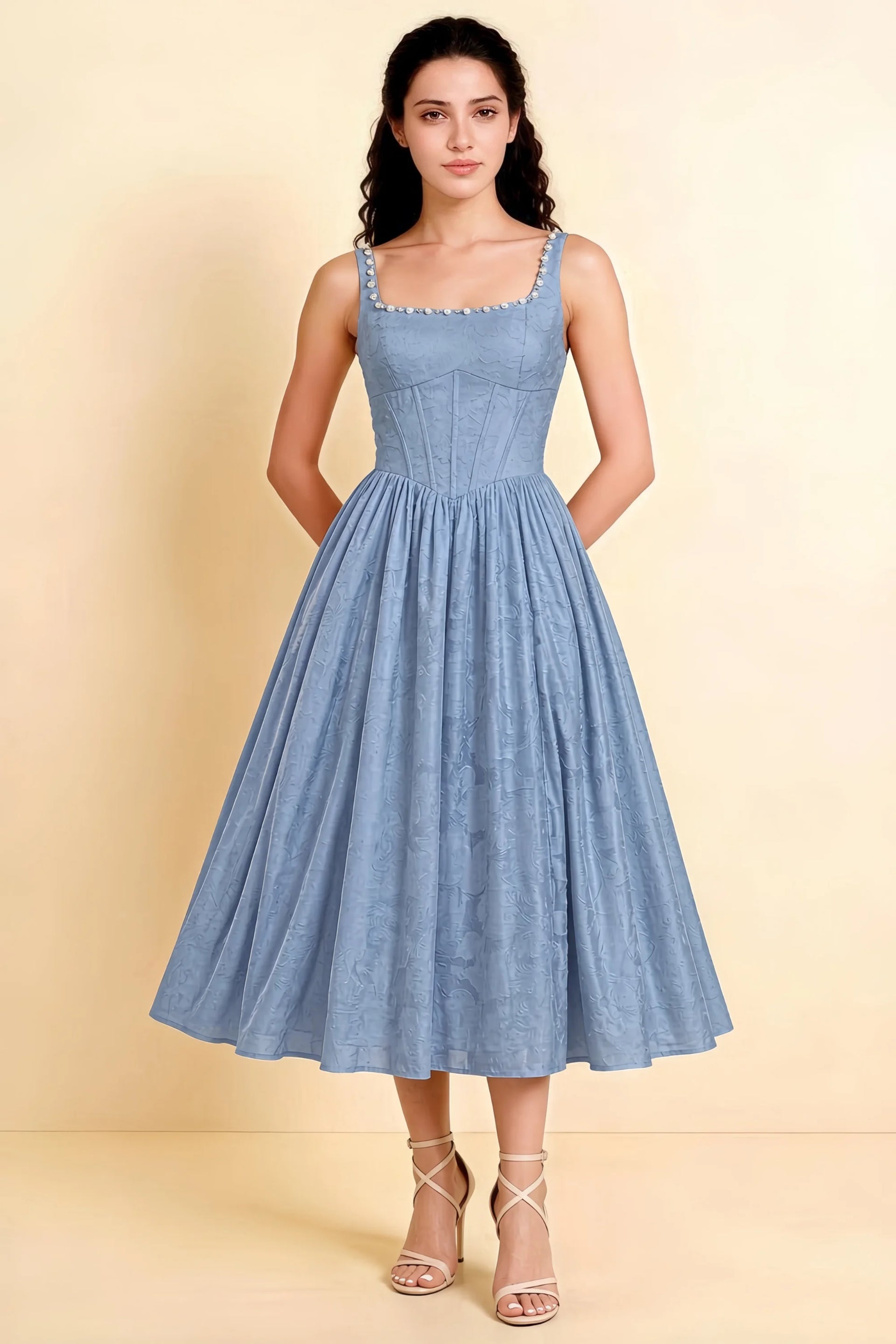Alana Powder Blue Jacquard Pearl Midi Dress with Pockets