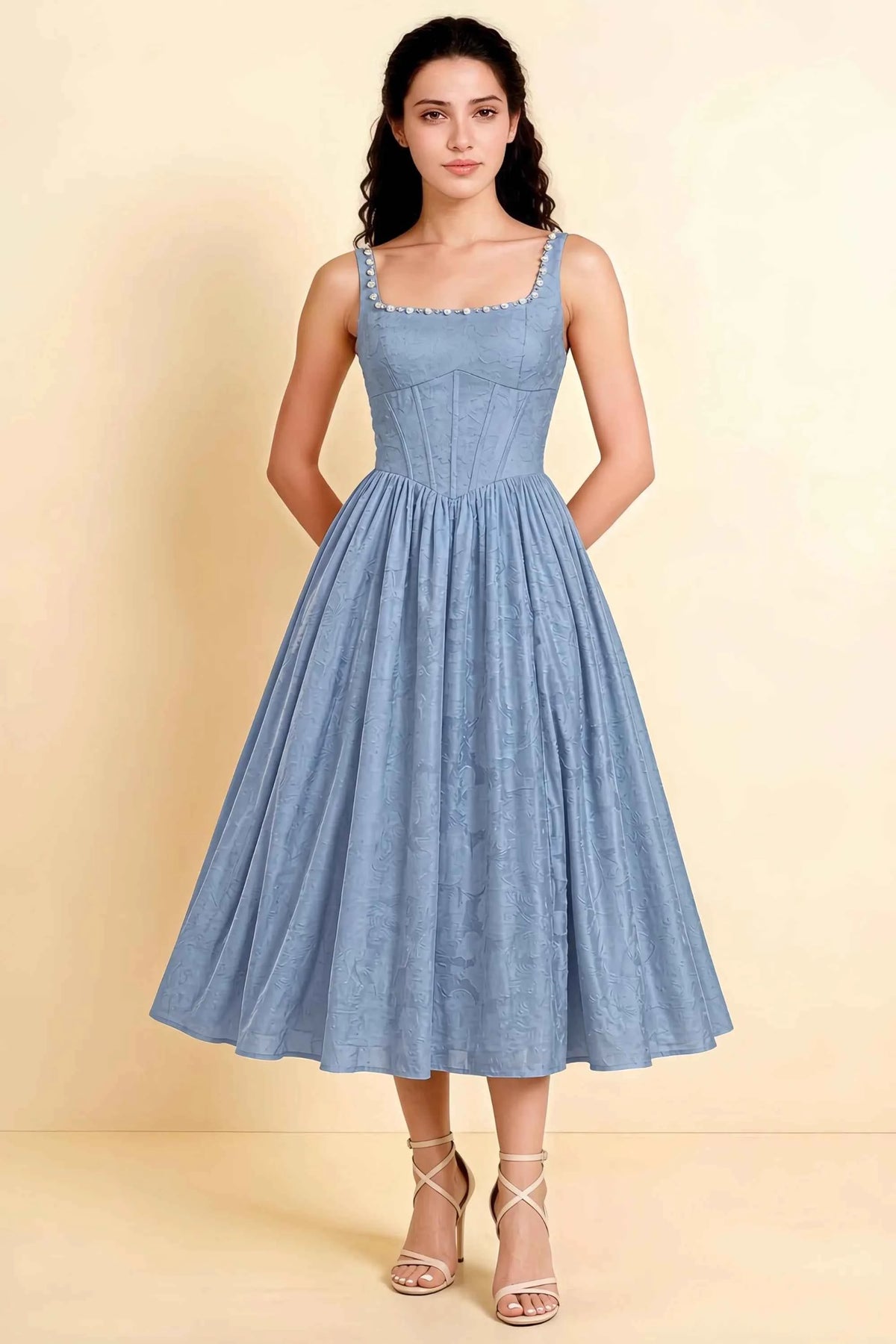 Alana Powder Blue Jacquard Pearl Midi Dress with Pockets Main image