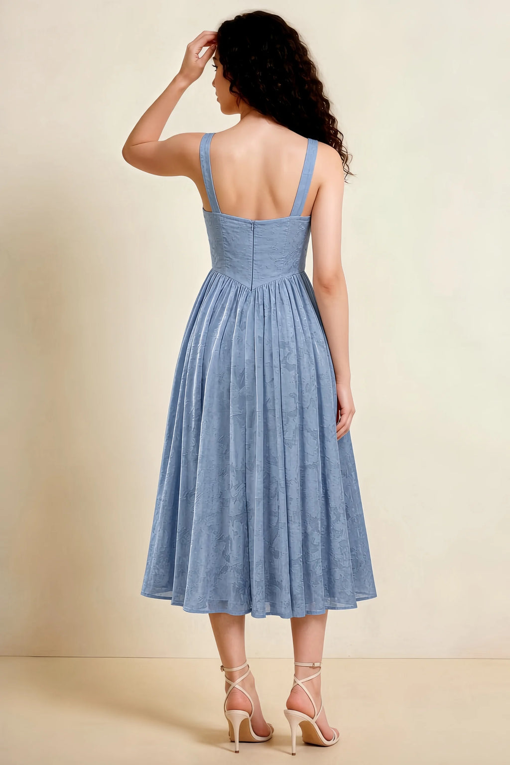 Alana Powder Blue Jacquard Pearl Midi Dress with Pockets