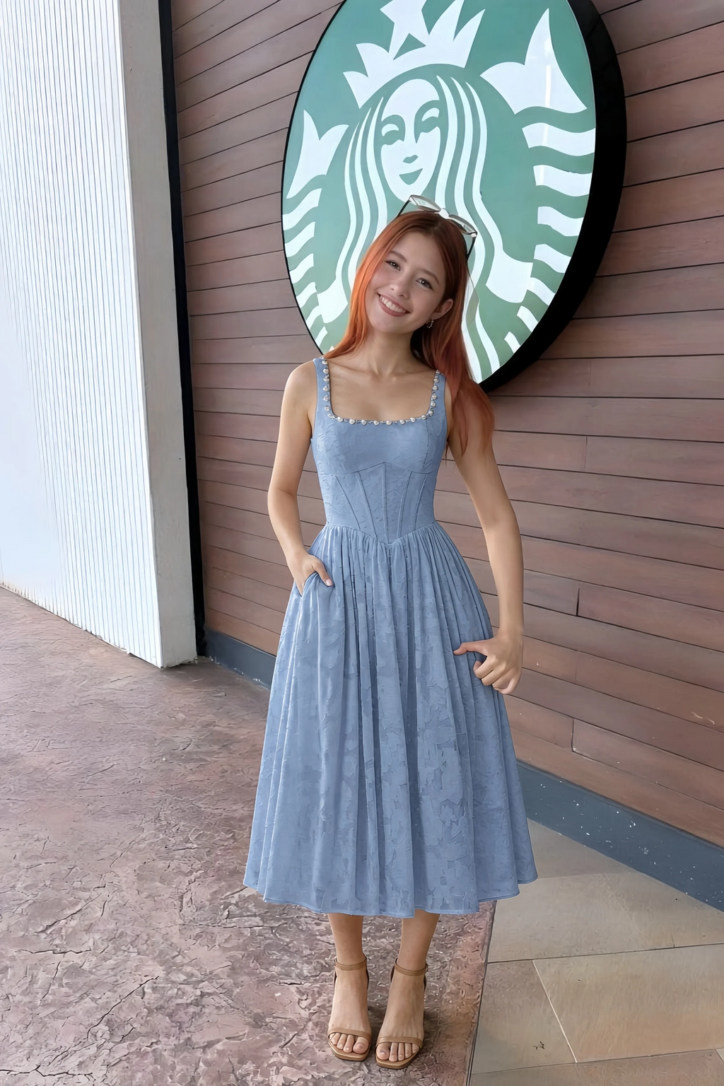 Alana Powder Blue Jacquard Pearl Midi Dress with Pockets