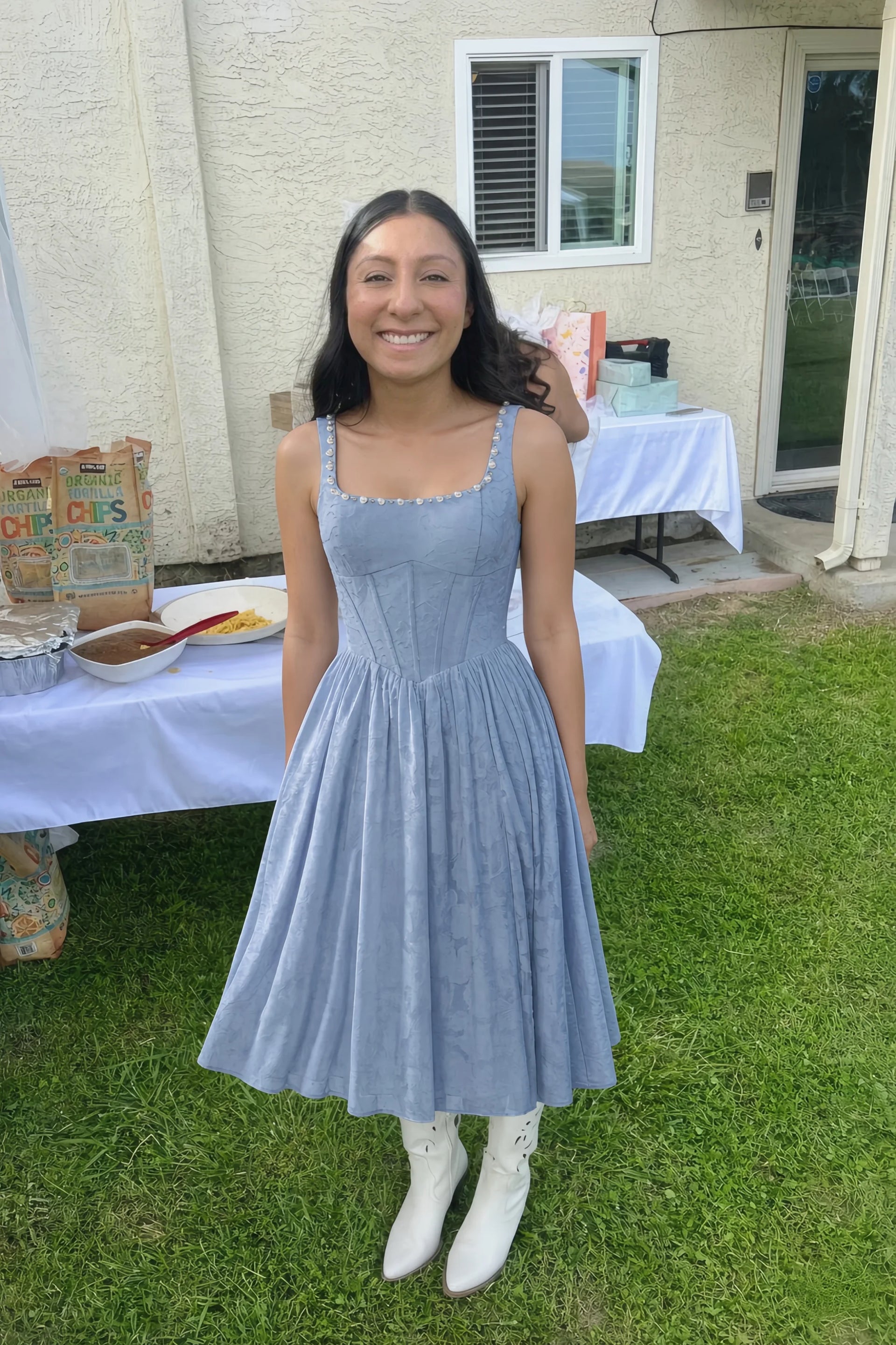Alana Powder Blue Jacquard Pearl Midi Dress with Pockets