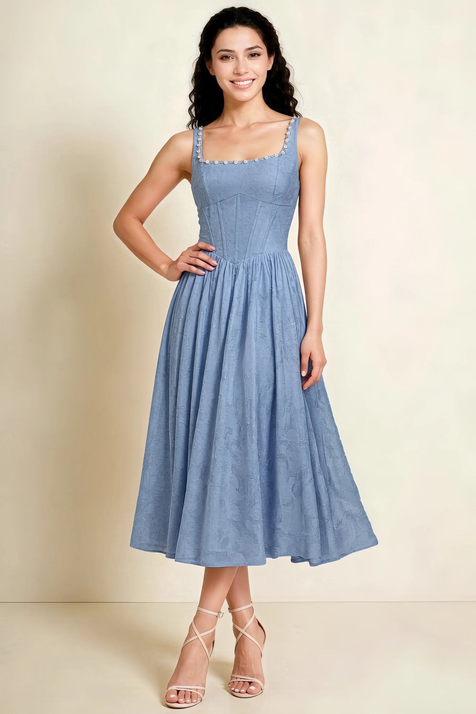 Alana Powder Blue Jacquard Pearl Midi Dress with Pockets