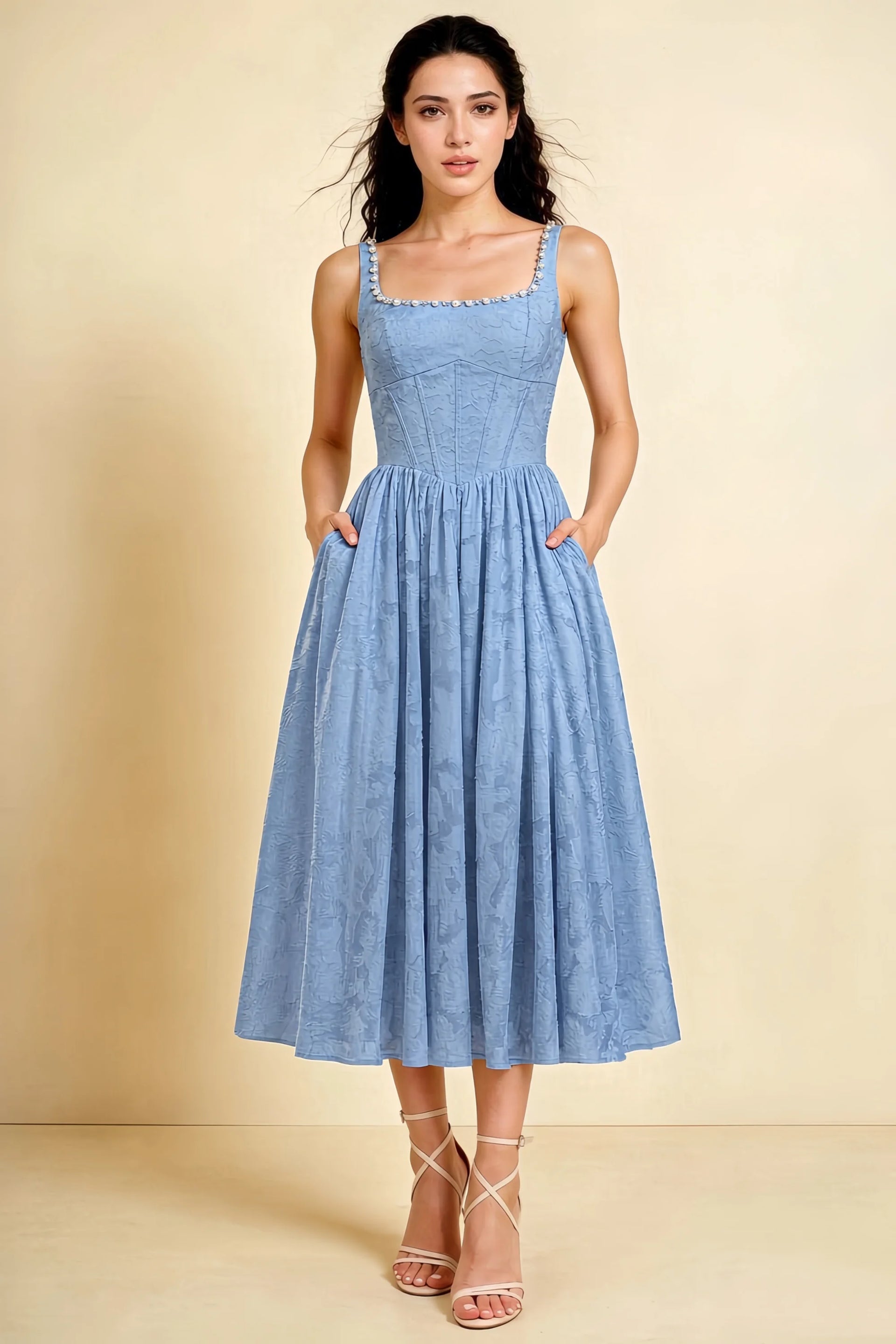 Alana Powder Blue Jacquard Pearl Midi Dress with Pockets