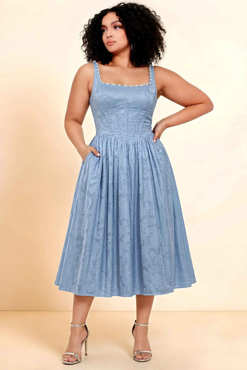 Alana Powder Blue Jacquard Pearl Midi Dress with Pockets