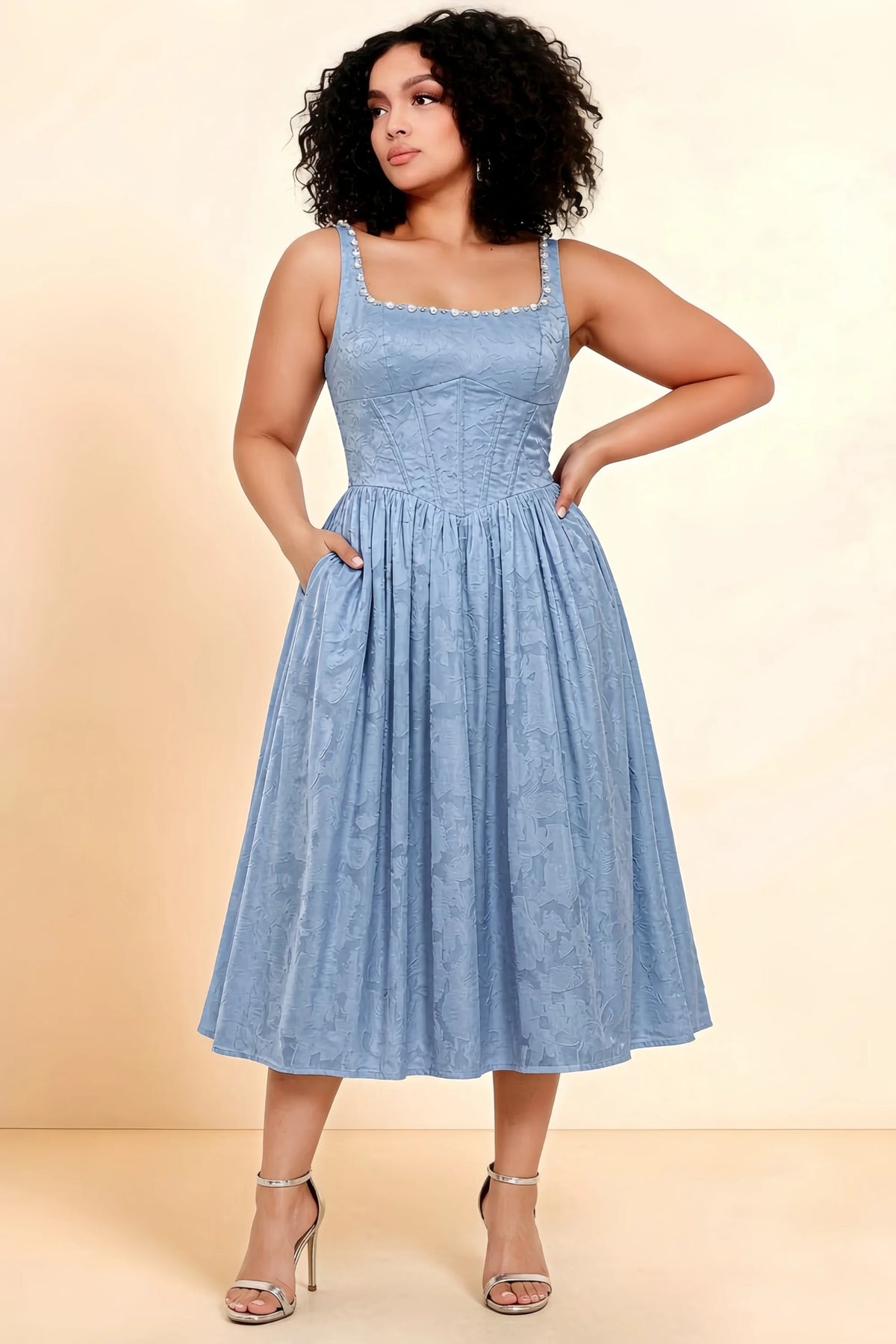 Alana Powder Blue Jacquard Pearl Midi Dress with Pockets