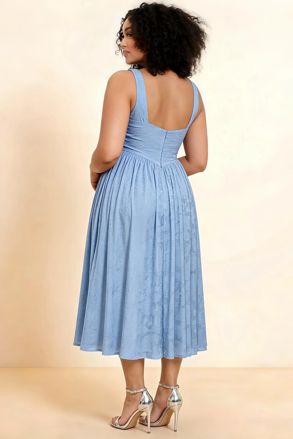 Alana Powder Blue Jacquard Pearl Midi Dress with Pockets