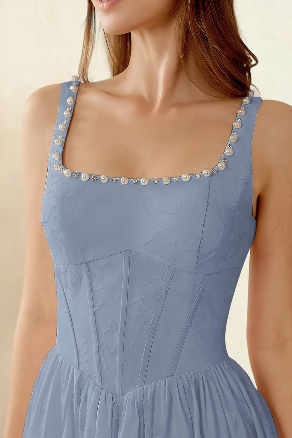 Alana Powder Blue Jacquard Pearl Midi Dress with Pockets