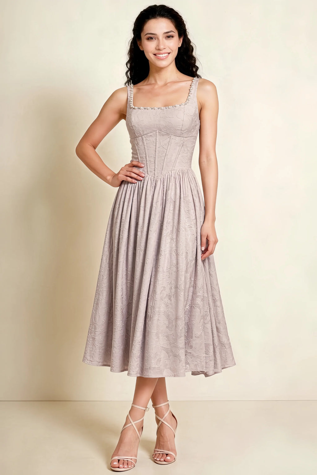 Alana Powder Pink Jacquard Pearl Midi Dress with Pockets