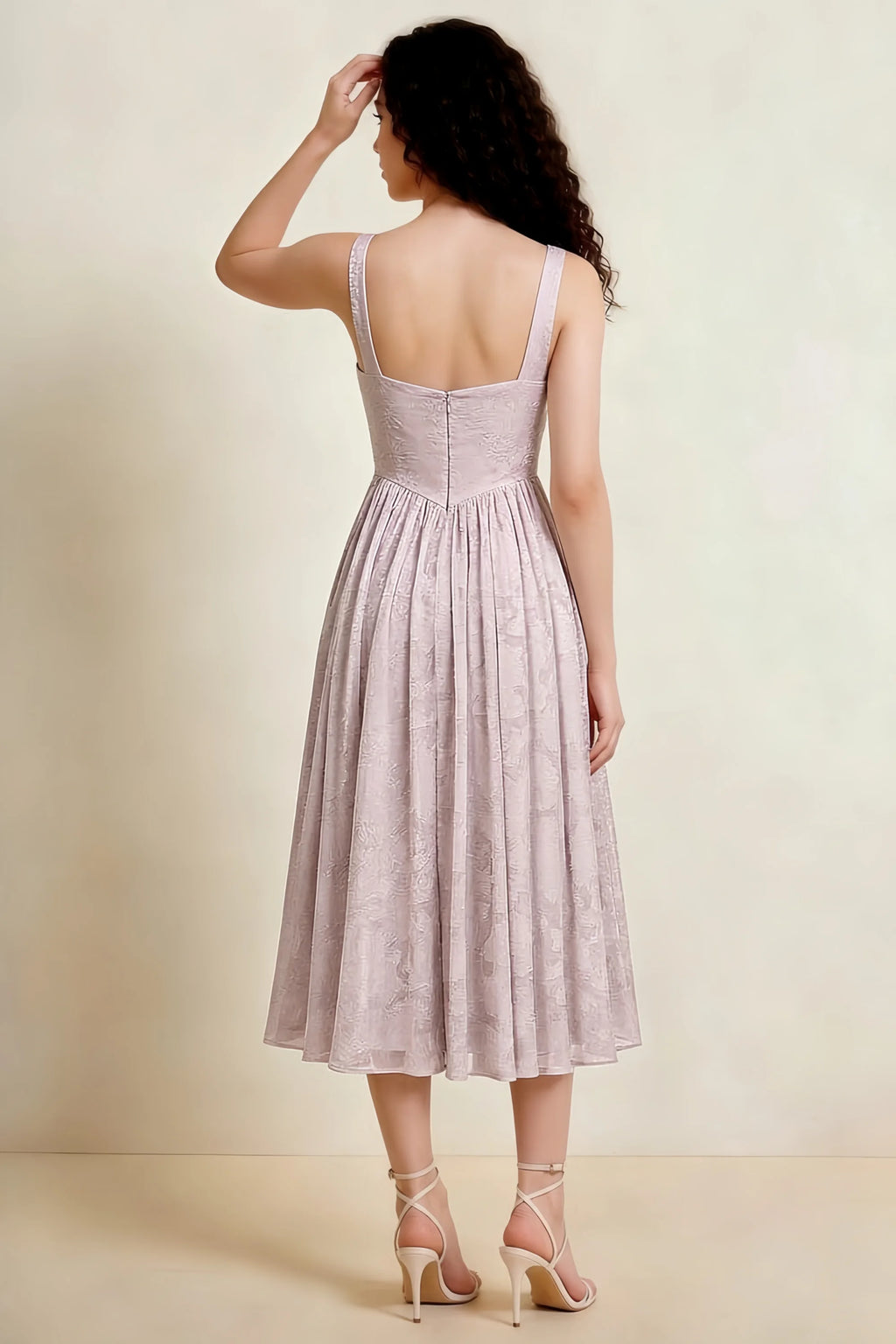 Alana Powder Pink Jacquard Pearl Midi Dress with Pockets