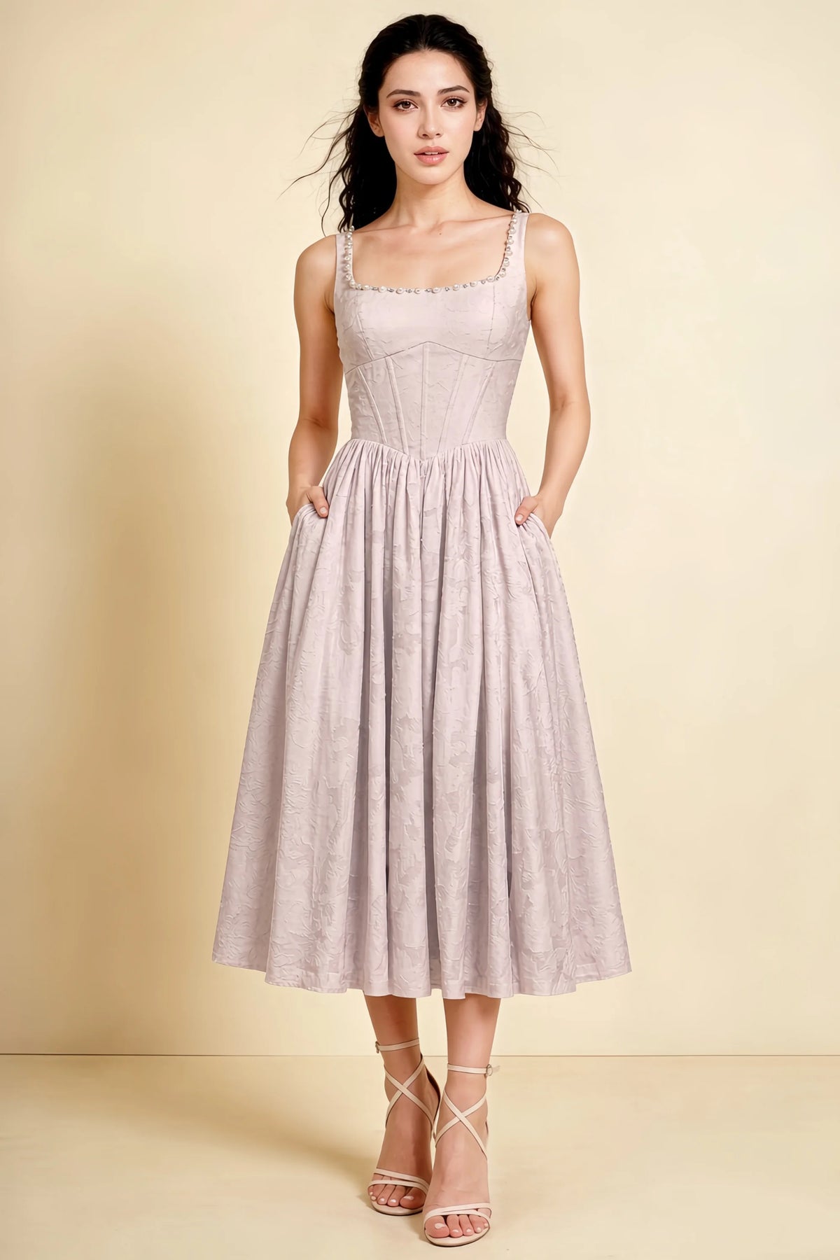 Alana Powder Pink Jacquard Pearl Midi Dress with Pockets