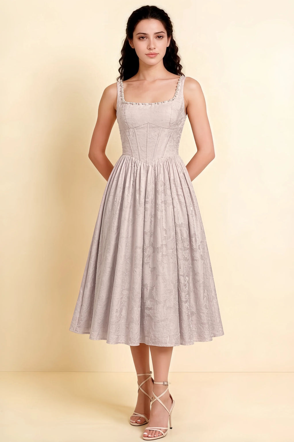 Alana Powder Pink Jacquard Pearl Midi Dress with Pockets