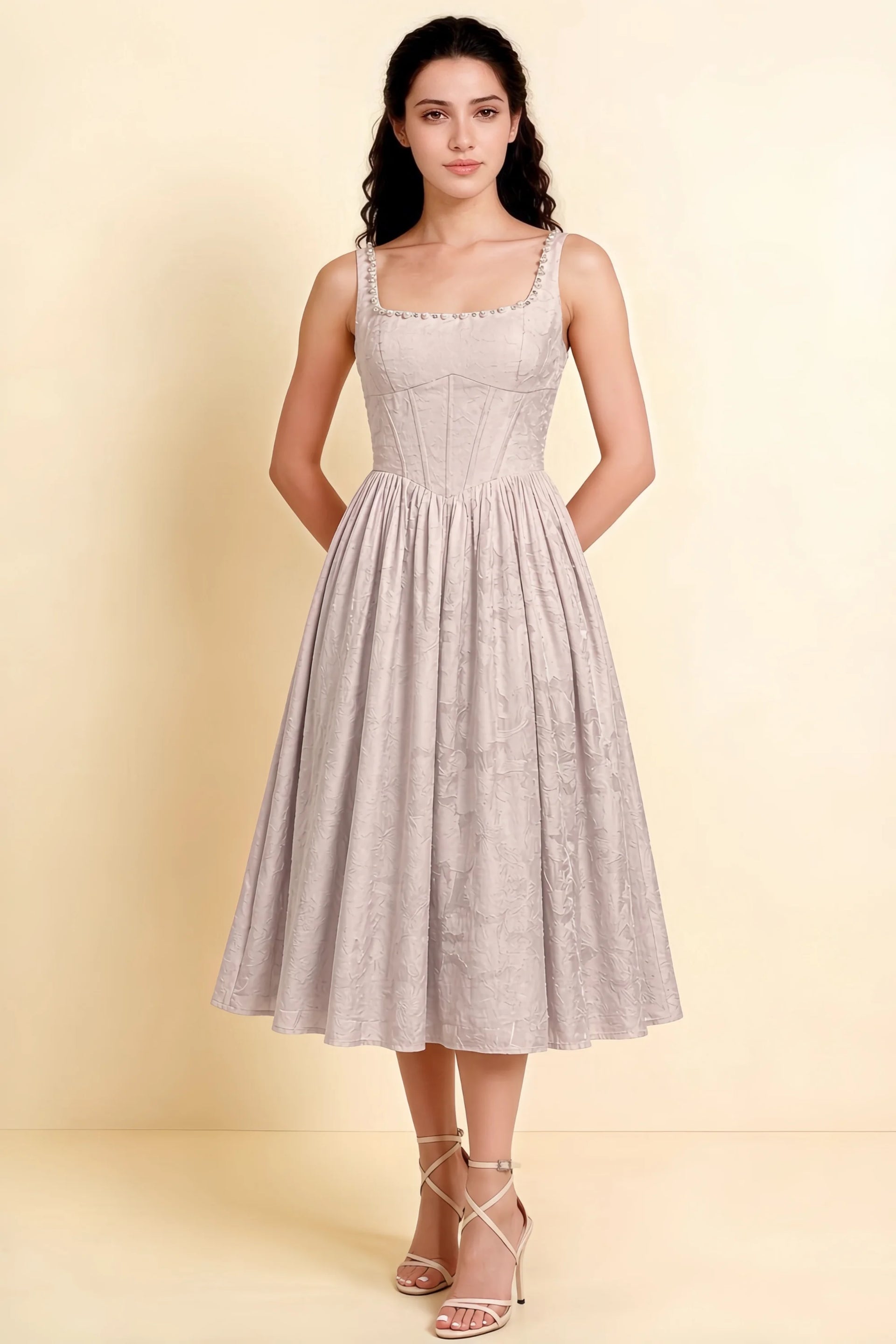 Alana Powder Pink Jacquard Pearl Midi Dress with Pockets