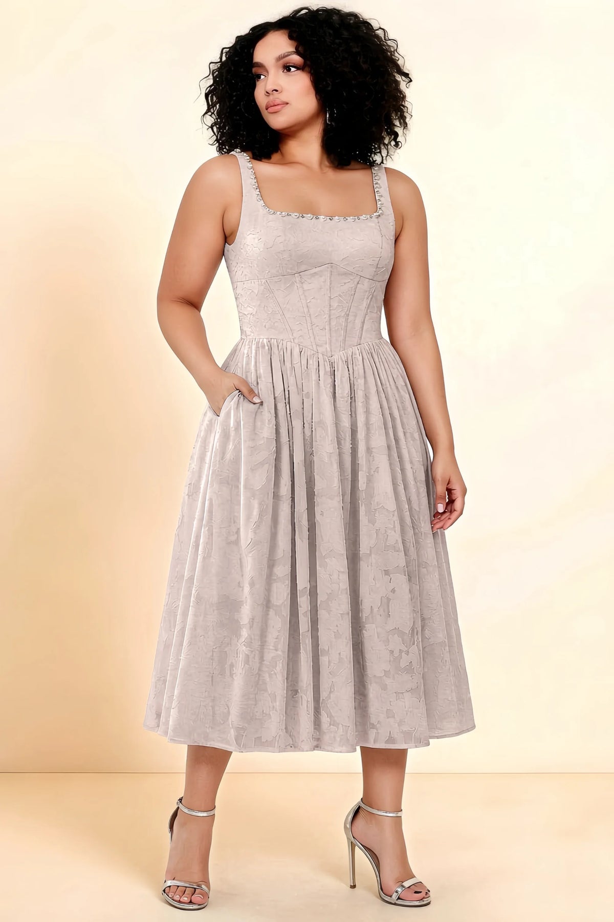 Alana Powder Pink Jacquard Pearl Midi Dress with Pockets