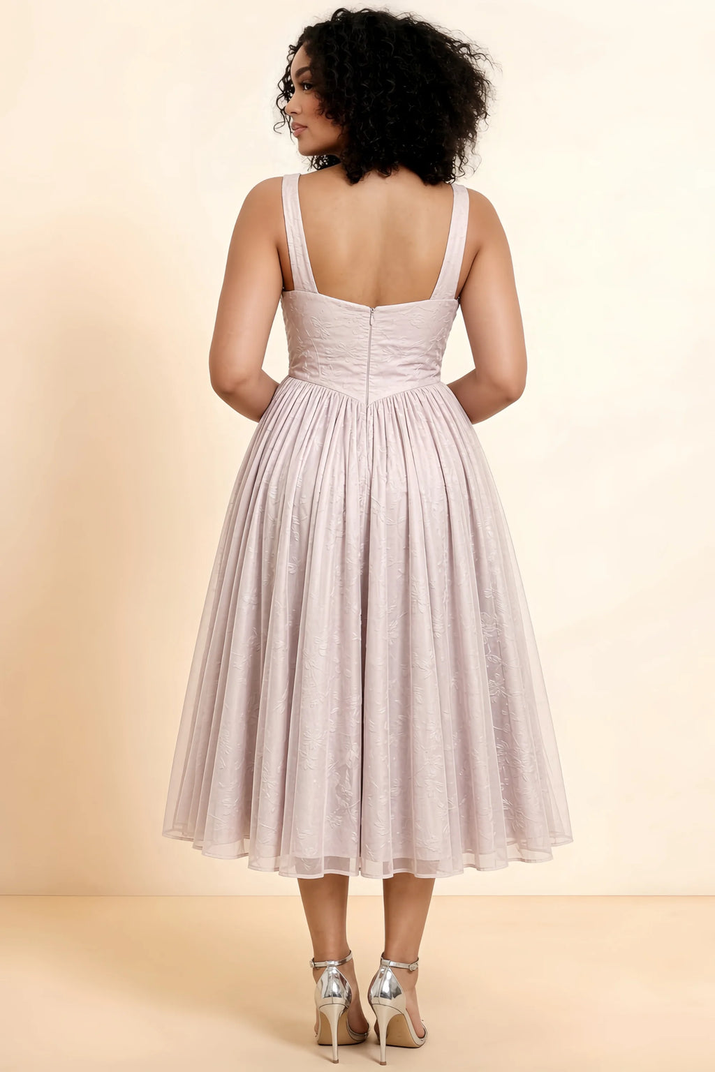 Alana Powder Pink Jacquard Pearl Midi Dress with Pockets
