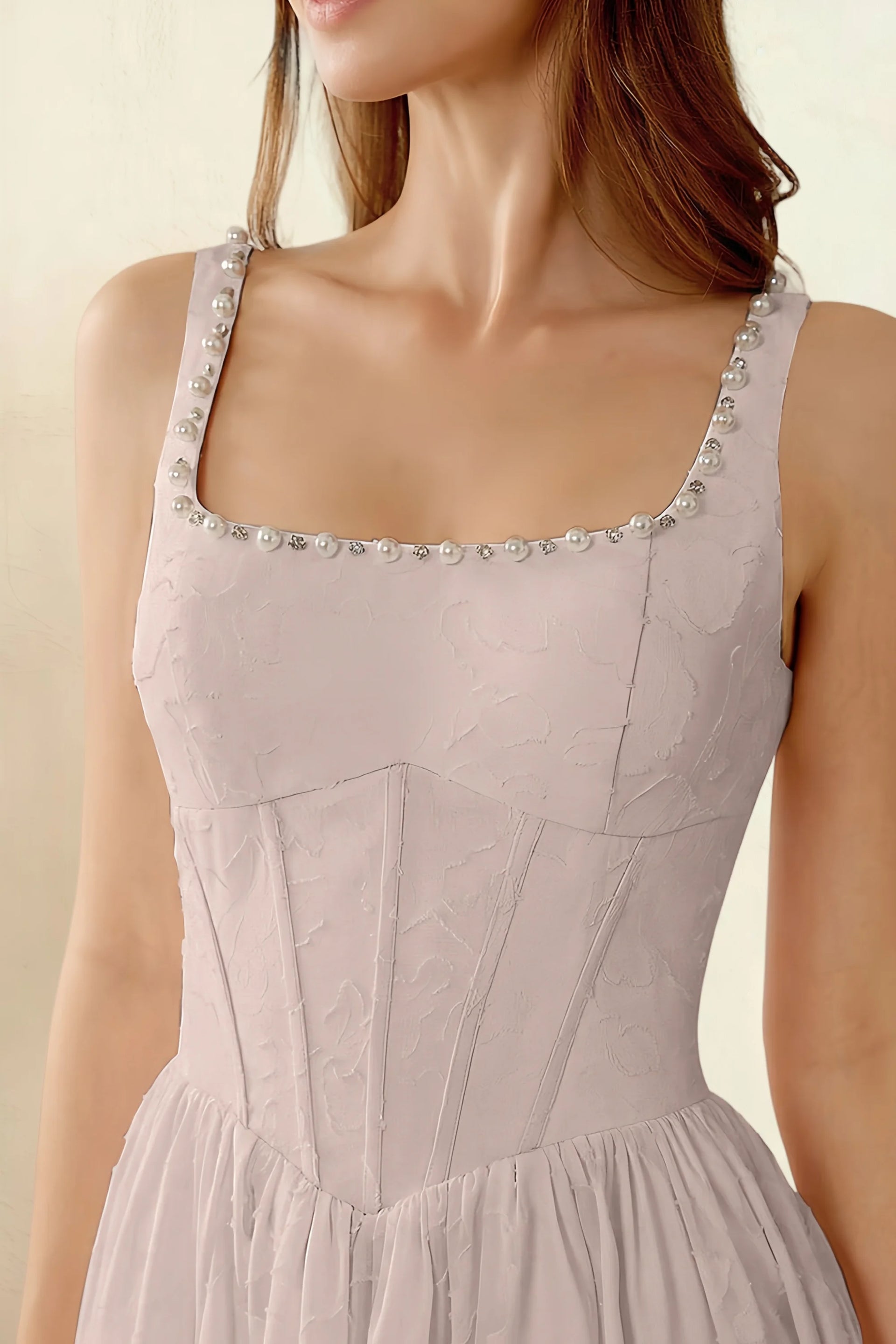 Alana Powder Pink Jacquard Pearl Midi Dress with Pockets