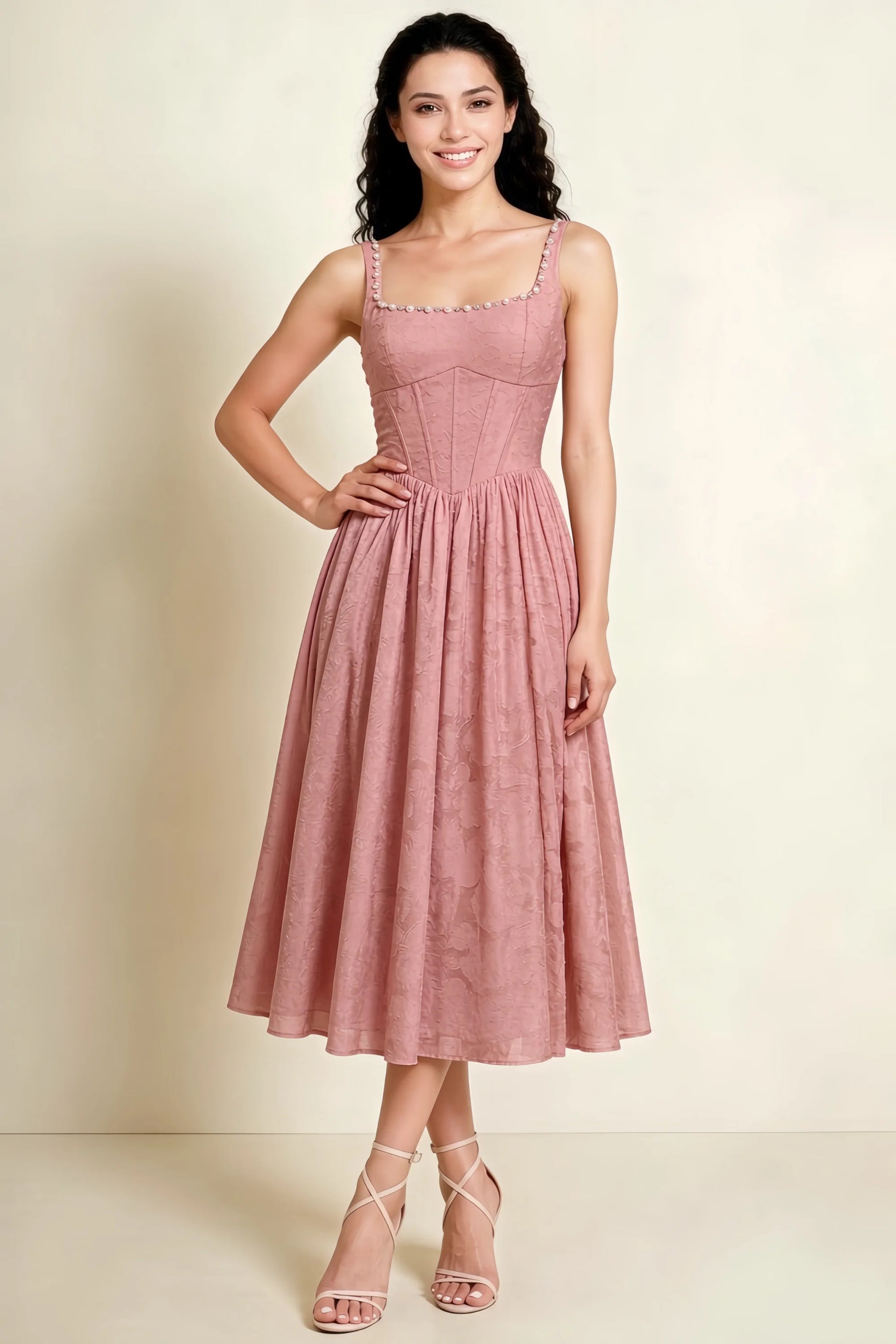 Alana Rosette Jacquard Pearl Midi Dress with Pockets