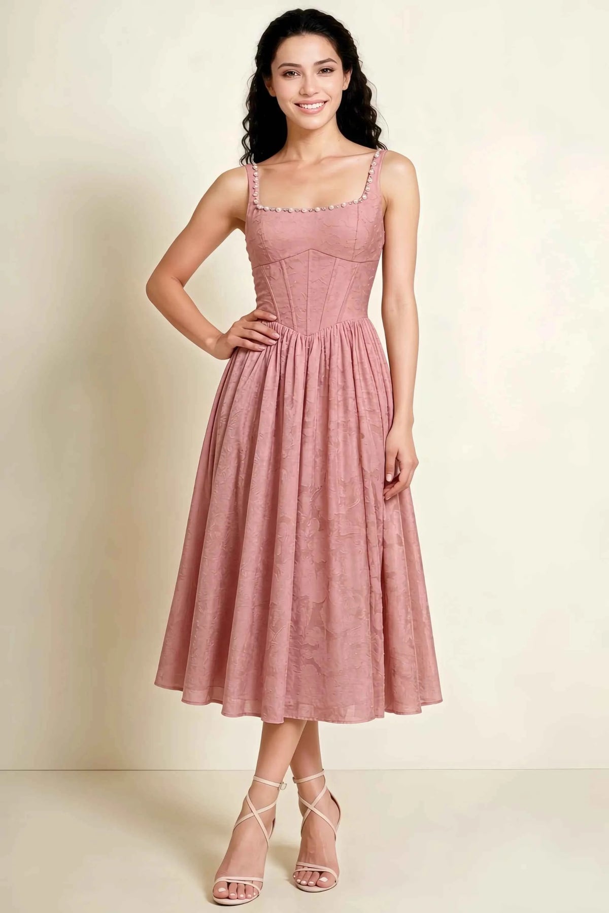 Alana Rosette Jacquard Pearl Midi Dress with Pockets Main image