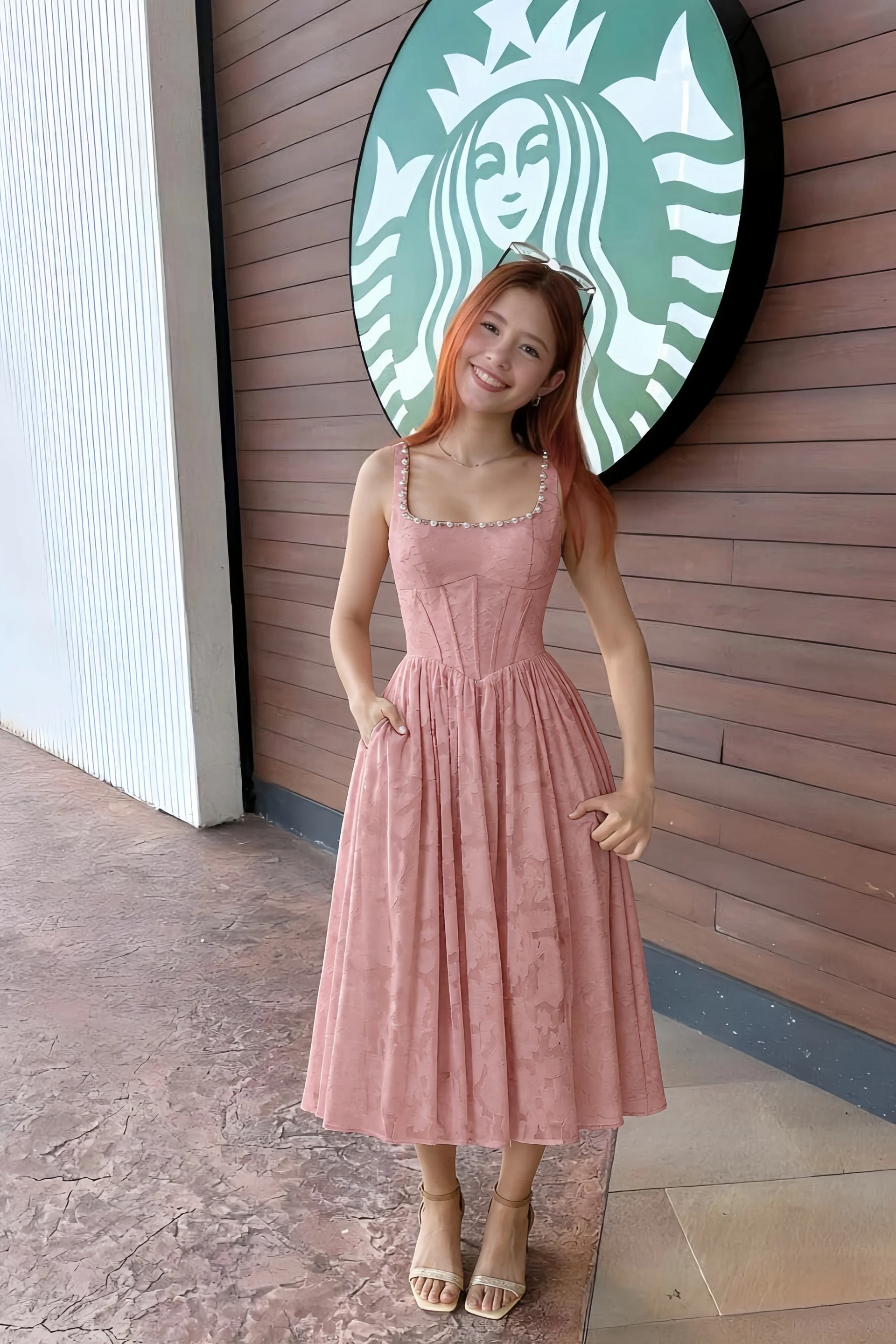 Alana Rosette Jacquard Pearl Midi Dress with Pockets
