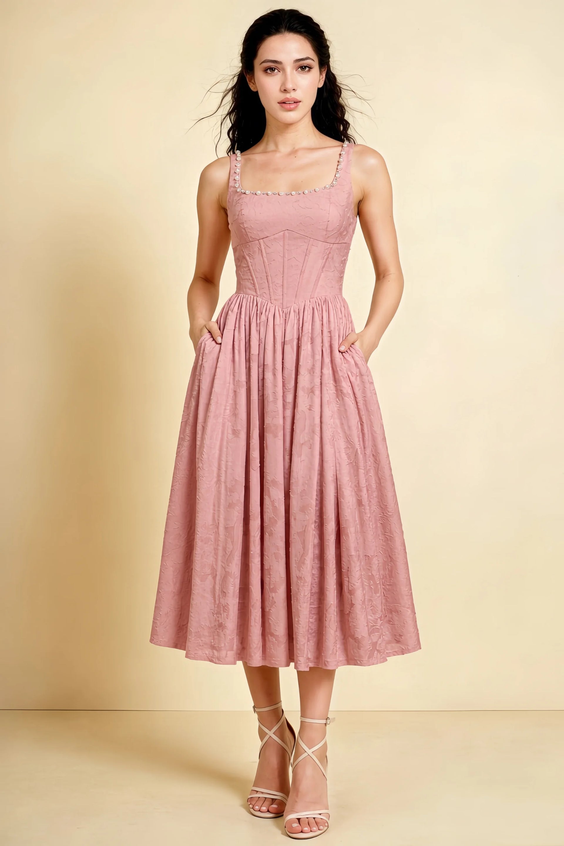 Alana Rosette Jacquard Pearl Midi Dress with Pockets
