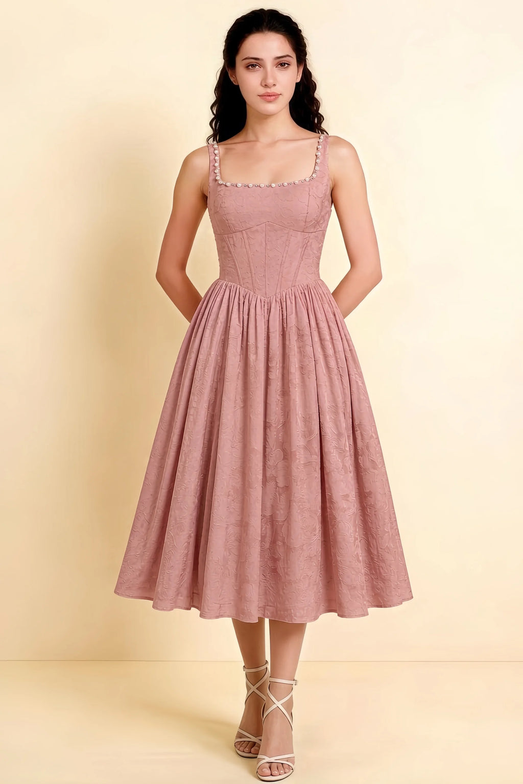 Alana Rosette Jacquard Pearl Midi Dress with Pockets