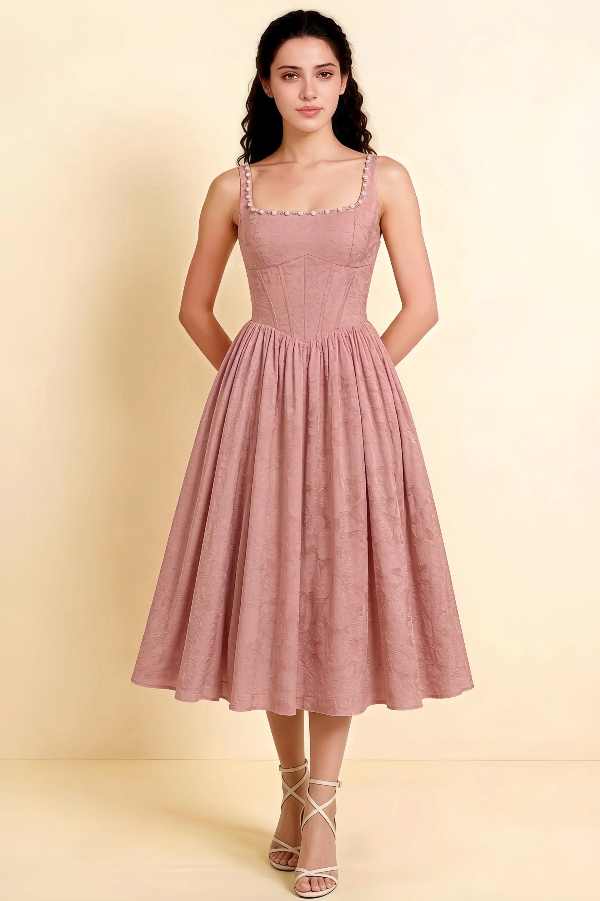 Alana Rosette Jacquard Pearl Midi Dress with Pockets