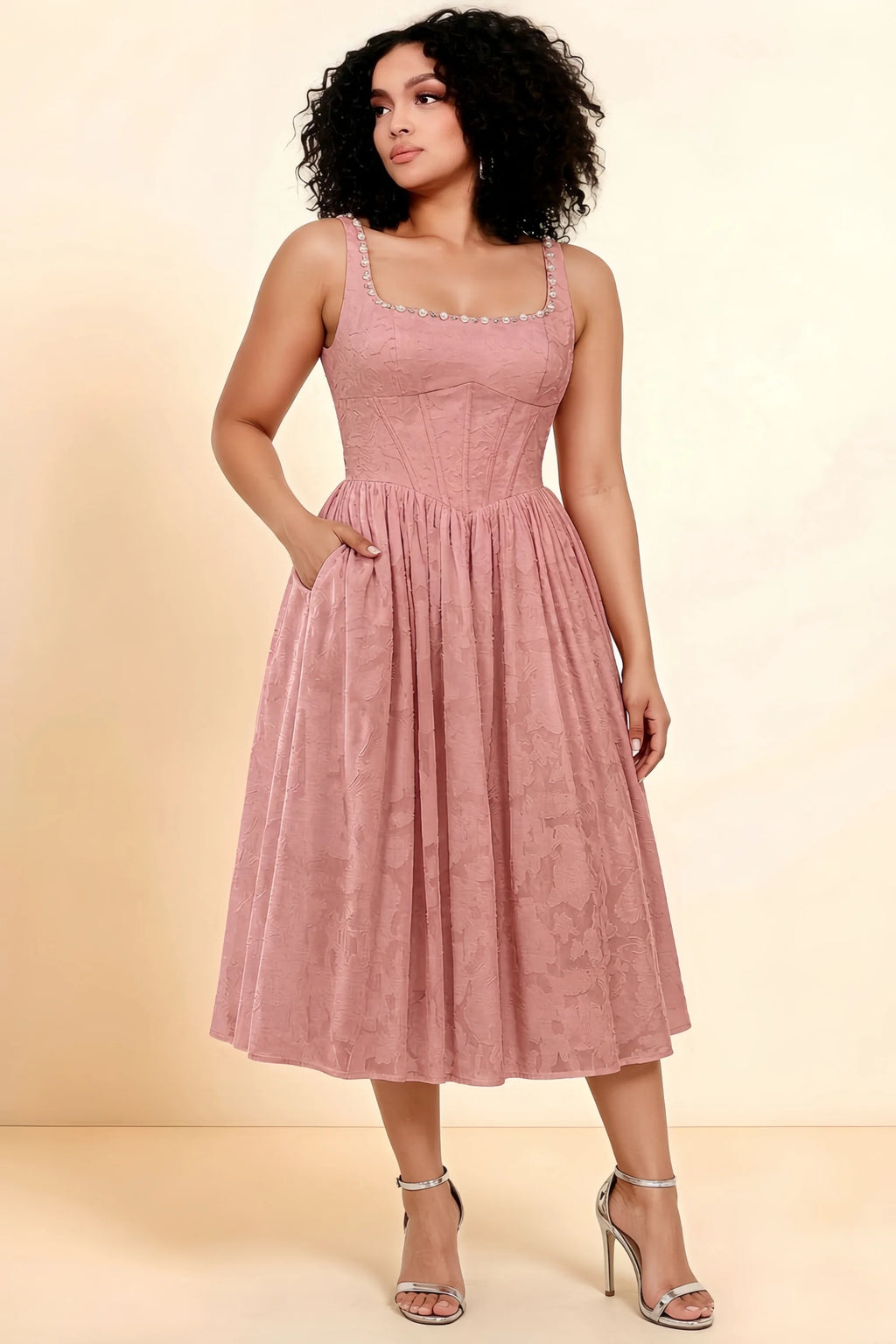 Alana Rosette Jacquard Pearl Midi Dress with Pockets