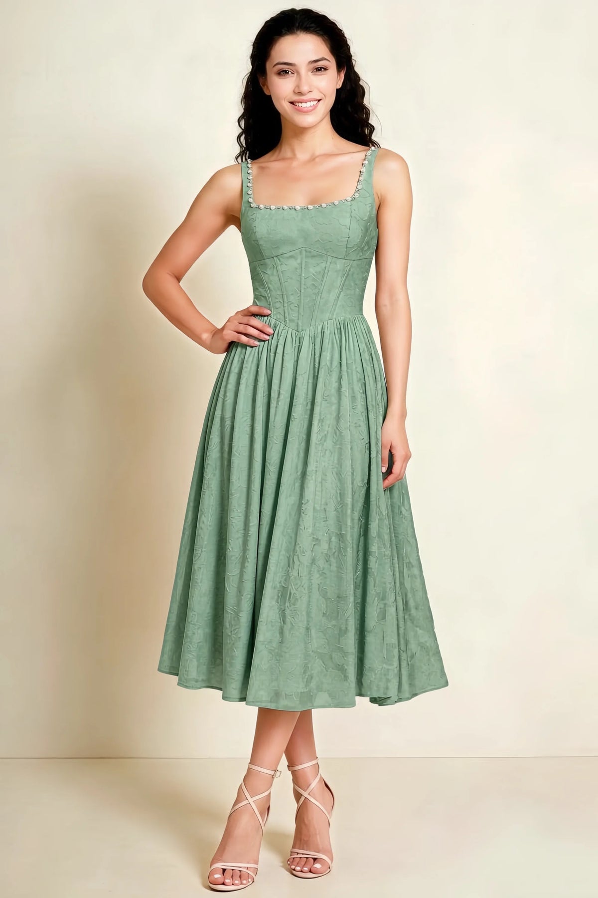 Alana Sage Green Jacquard Pearl Midi Dress with Pockets