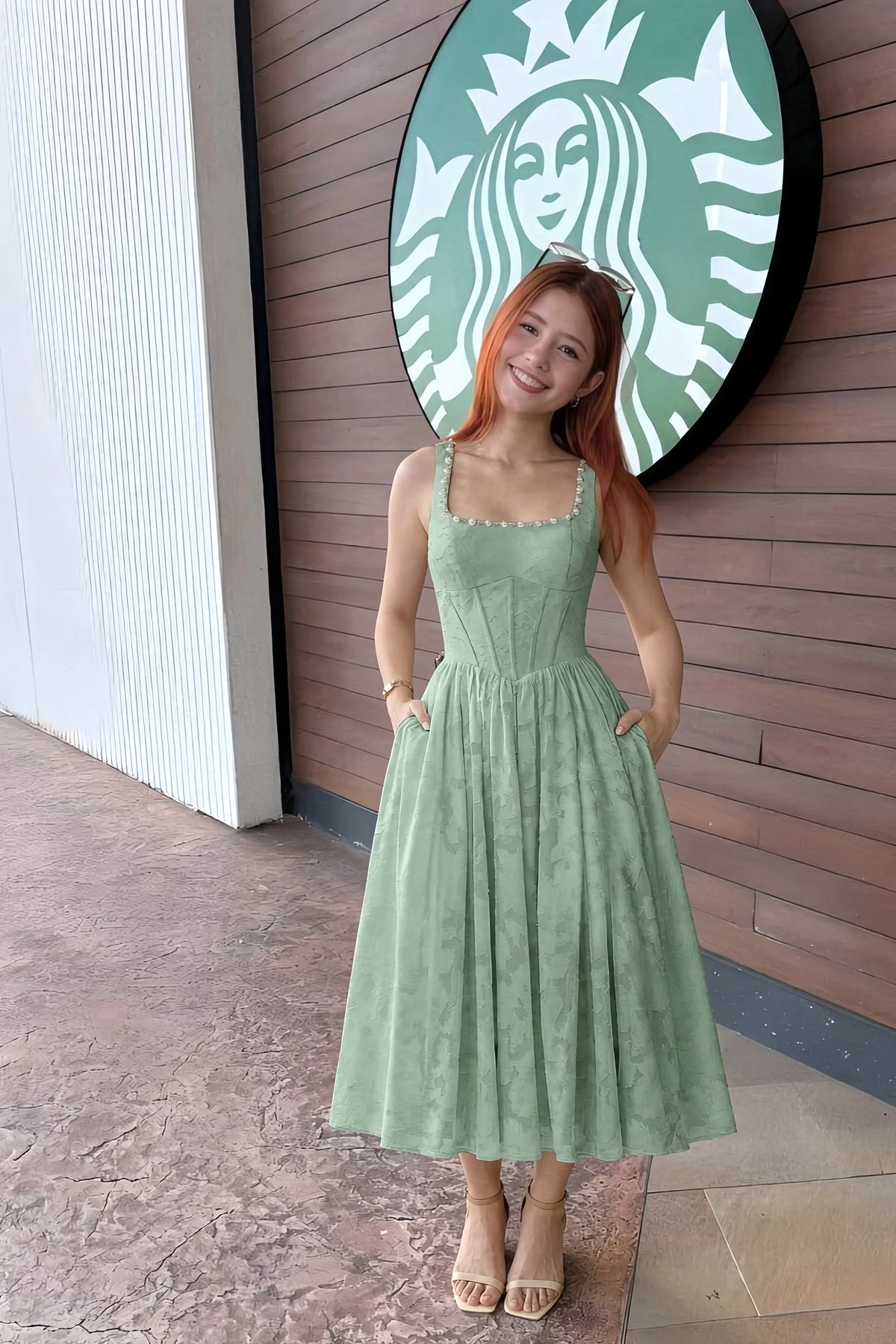 Alana Sage Green Jacquard Pearl Midi Dress with Pockets