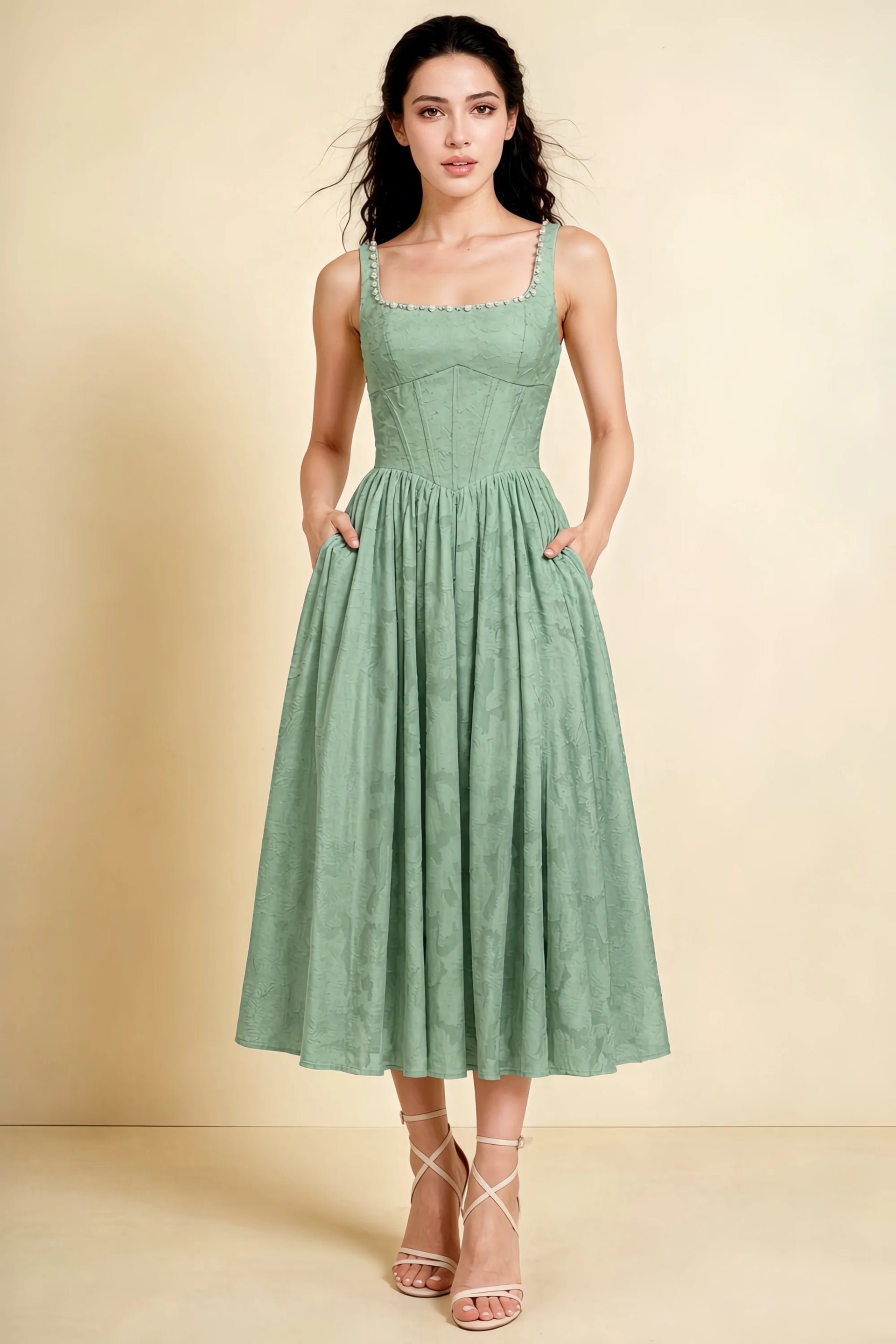 Alana Sage Green Jacquard Pearl Midi Dress with Pockets