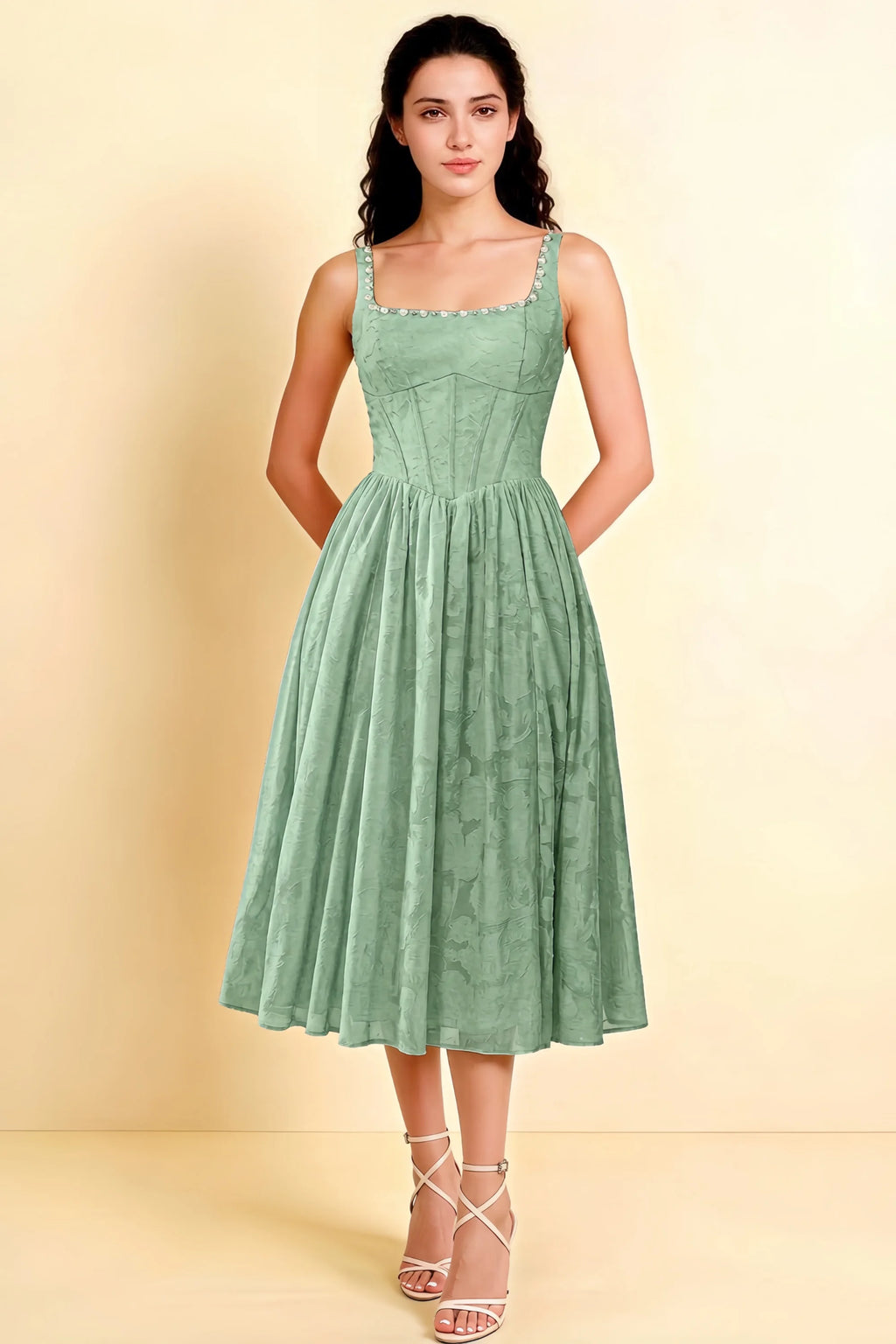Alana Sage Green Jacquard Pearl Midi Dress with Pockets