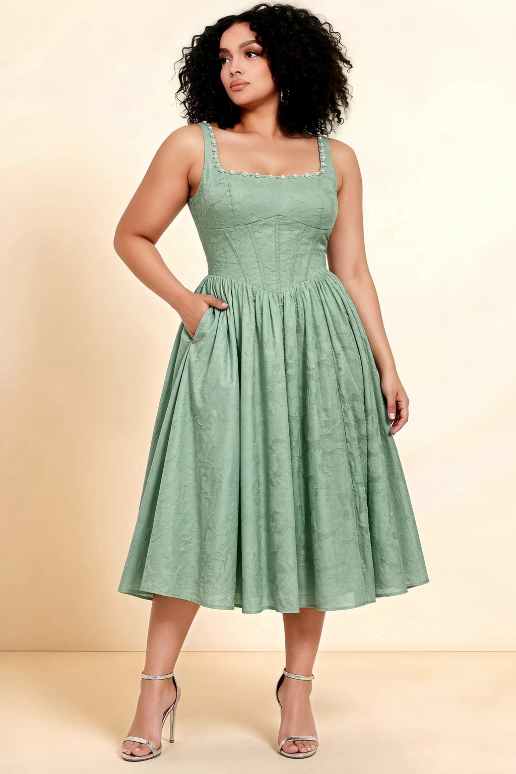 Alana Sage Green Jacquard Pearl Midi Dress with Pockets