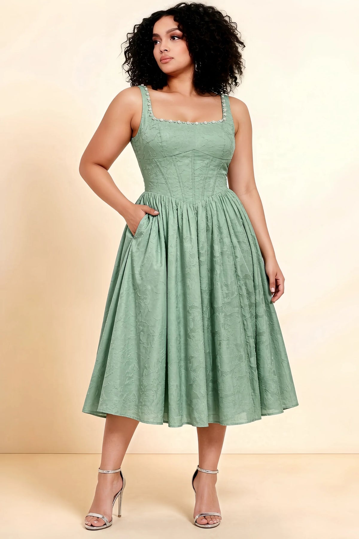 Alana Sage Green Jacquard Pearl Midi Dress with Pockets
