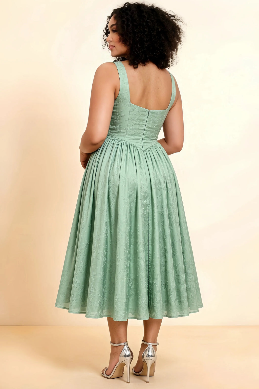 Alana Sage Green Jacquard Pearl Midi Dress with Pockets