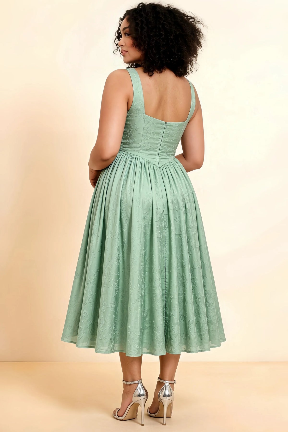 Alana Sage Green Jacquard Pearl Midi Dress with Pockets