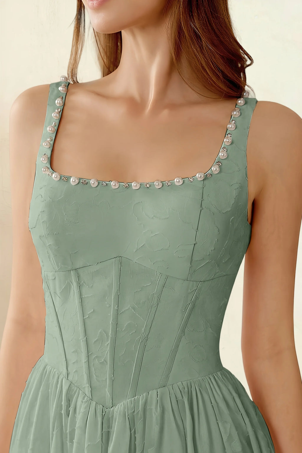 Alana Sage Green Jacquard Pearl Midi Dress with Pockets