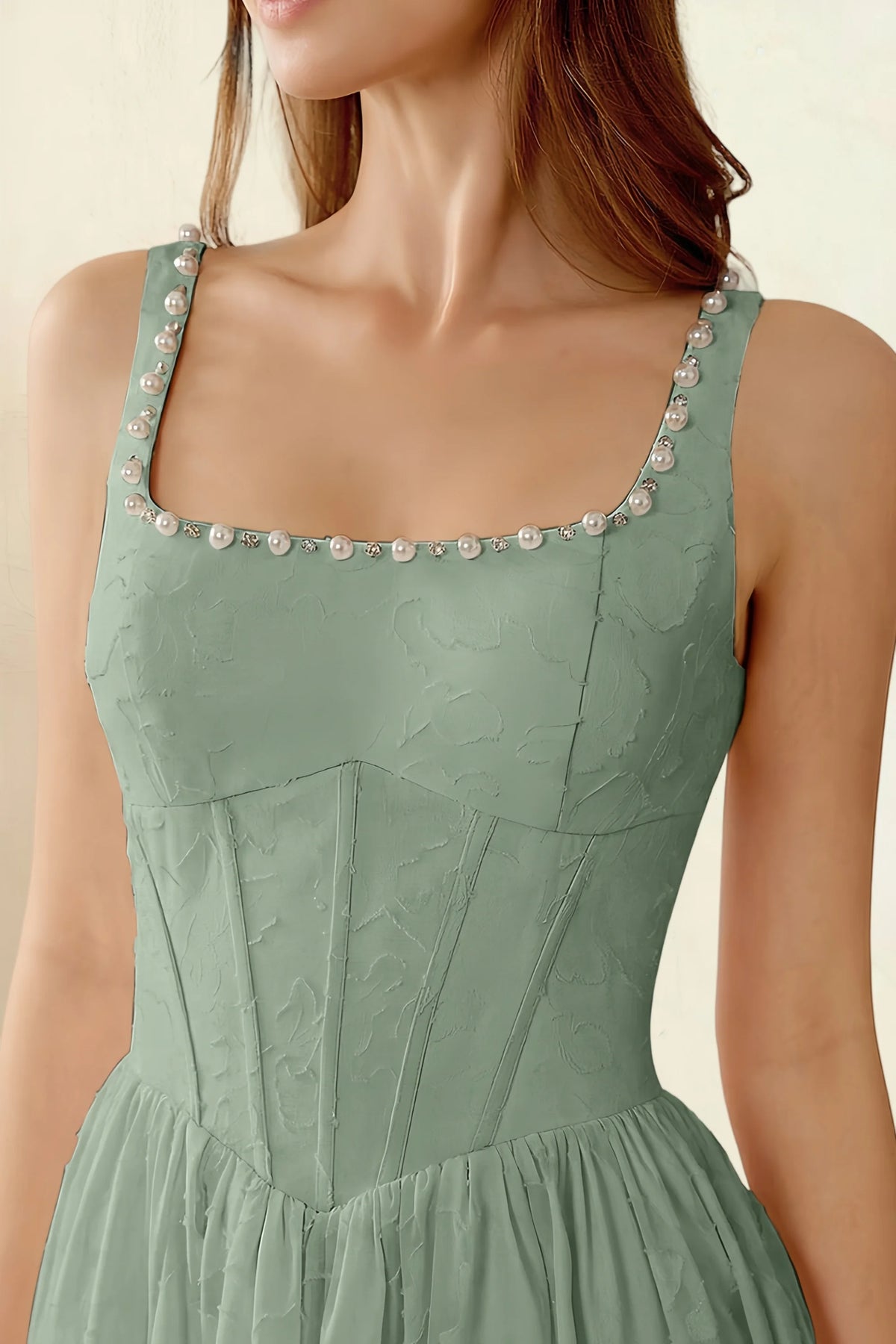 Alana Sage Green Jacquard Pearl Midi Dress with Pockets