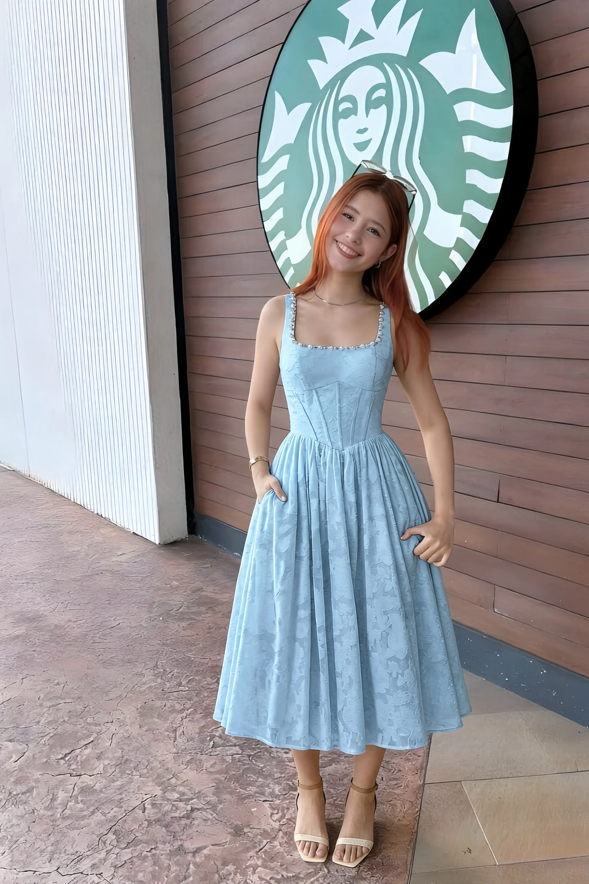 Alana Sky Blue Jacquard Pearl Midi Dress with Pockets