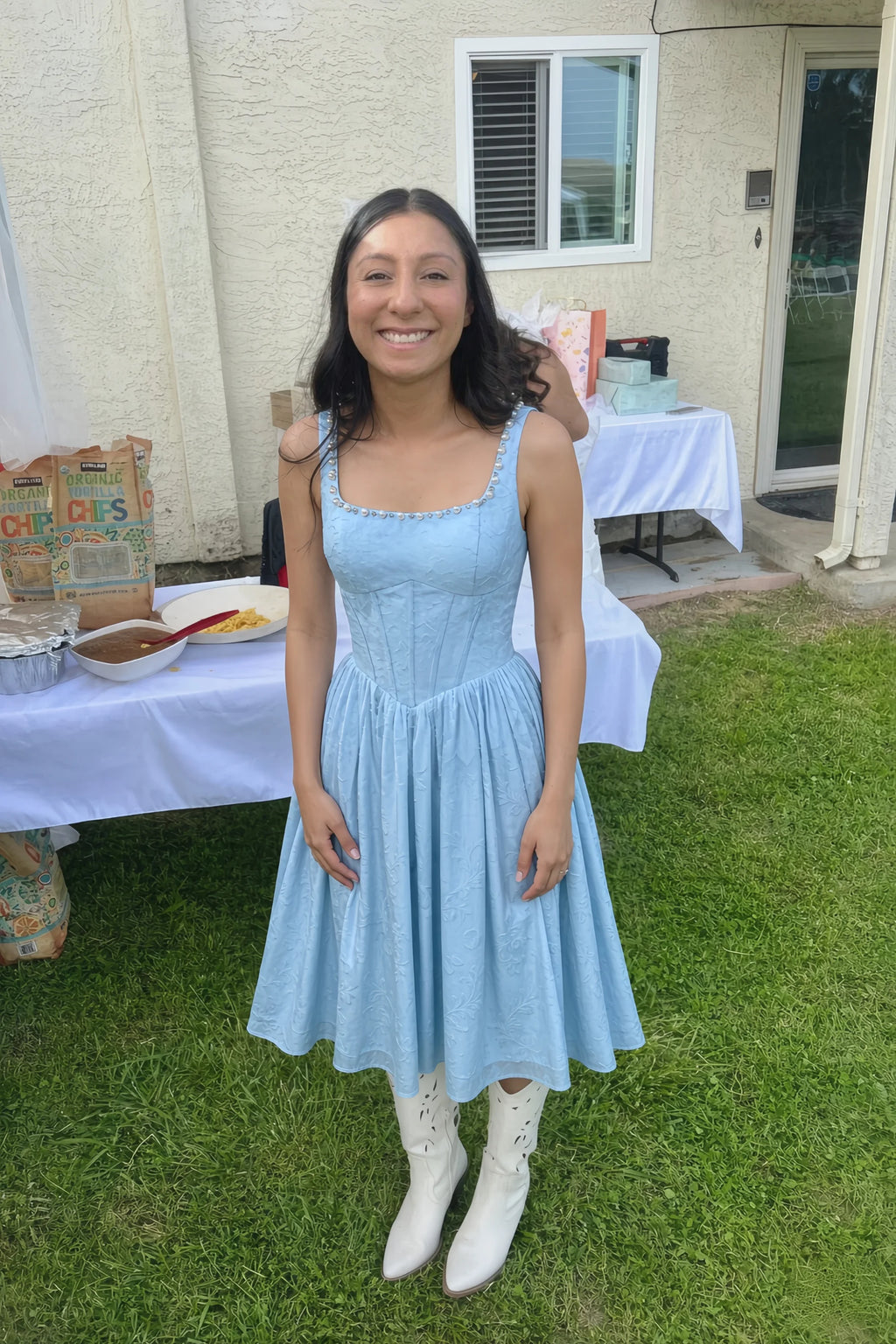 Alana Sky Blue Jacquard Pearl Midi Dress with Pockets
