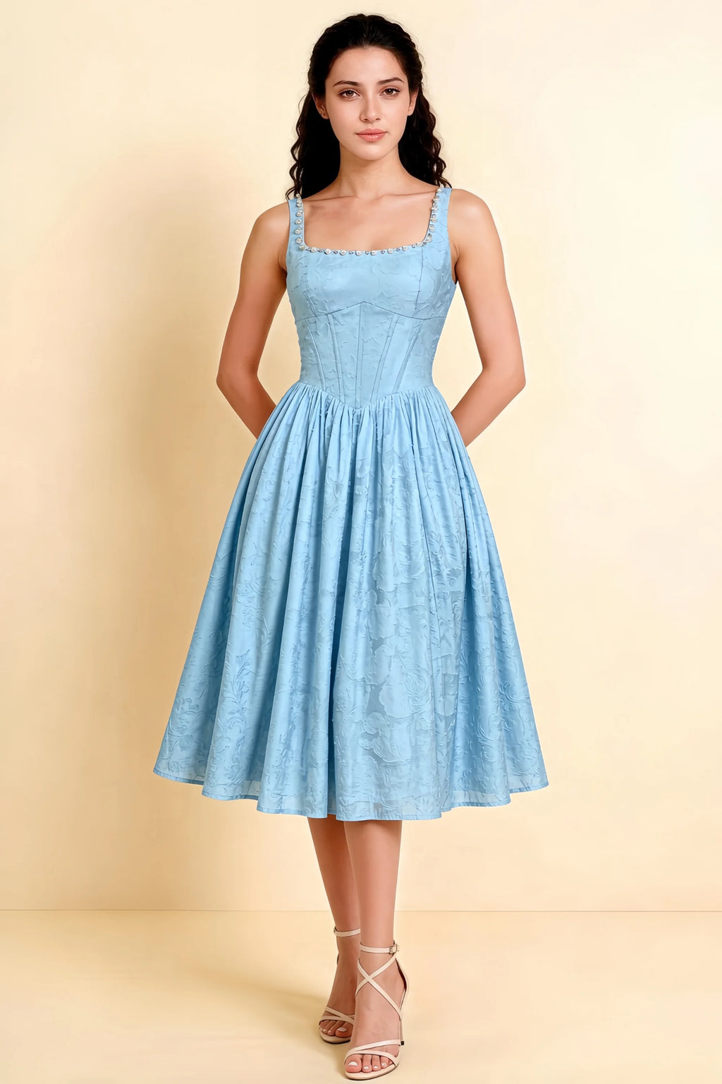 Alana Sky Blue Jacquard Pearl Midi Dress with Pockets