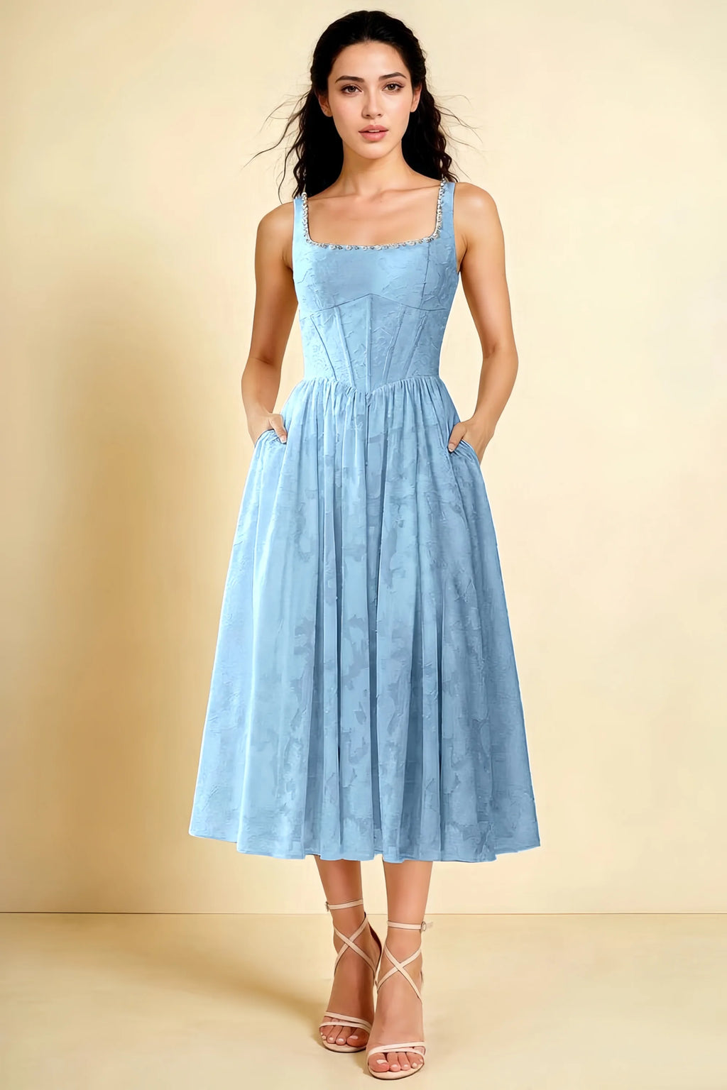 Alana Sky Blue Jacquard Pearl Midi Dress with Pockets