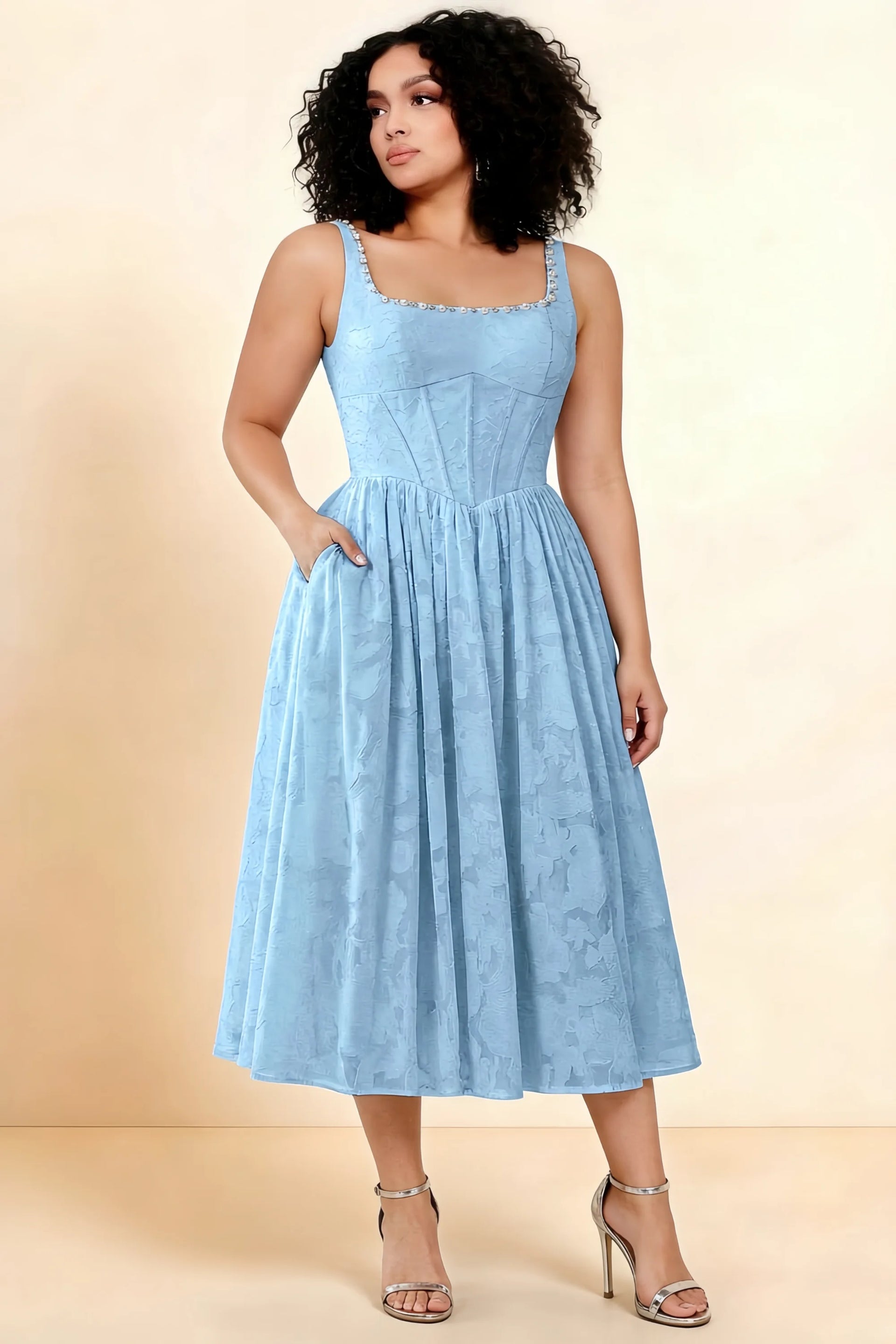Alana Sky Blue Jacquard Pearl Midi Dress with Pockets