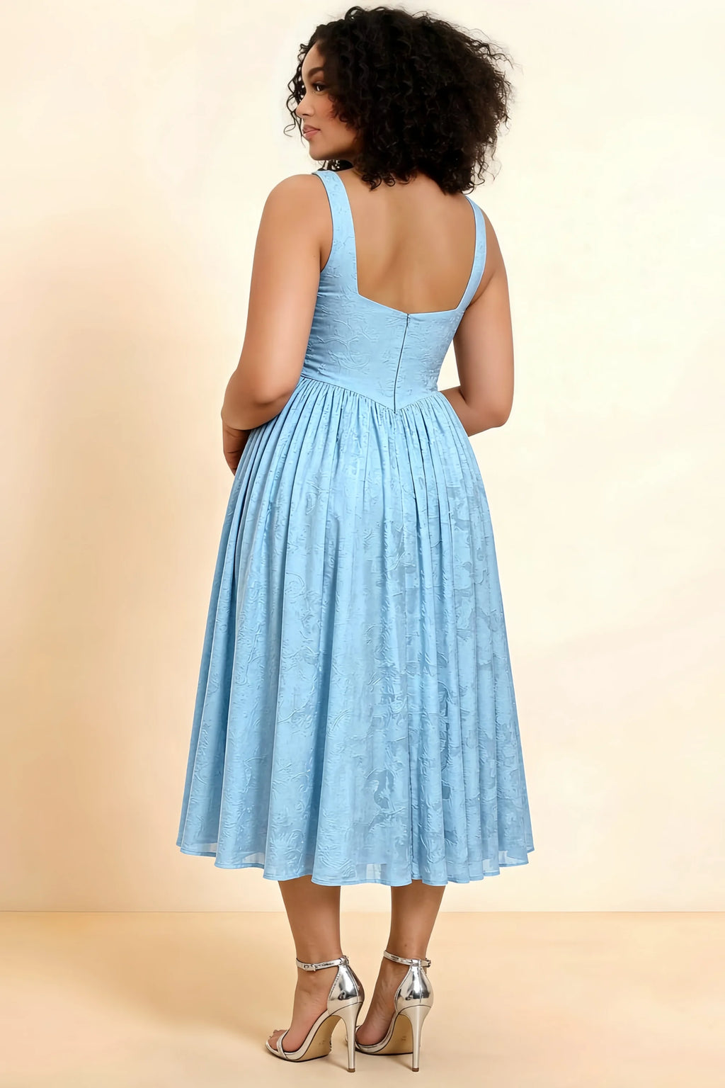 Alana Sky Blue Jacquard Pearl Midi Dress with Pockets
