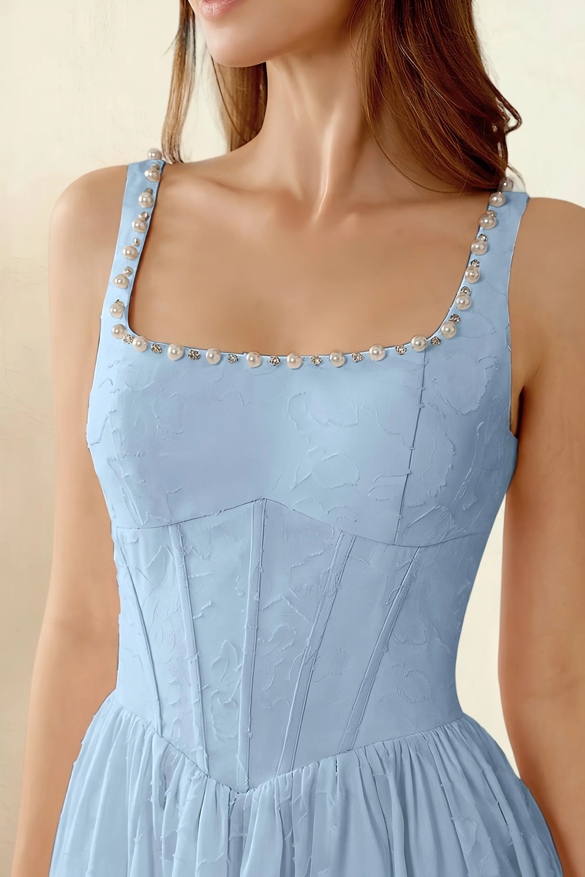 Alana Sky Blue Jacquard Pearl Midi Dress with Pockets