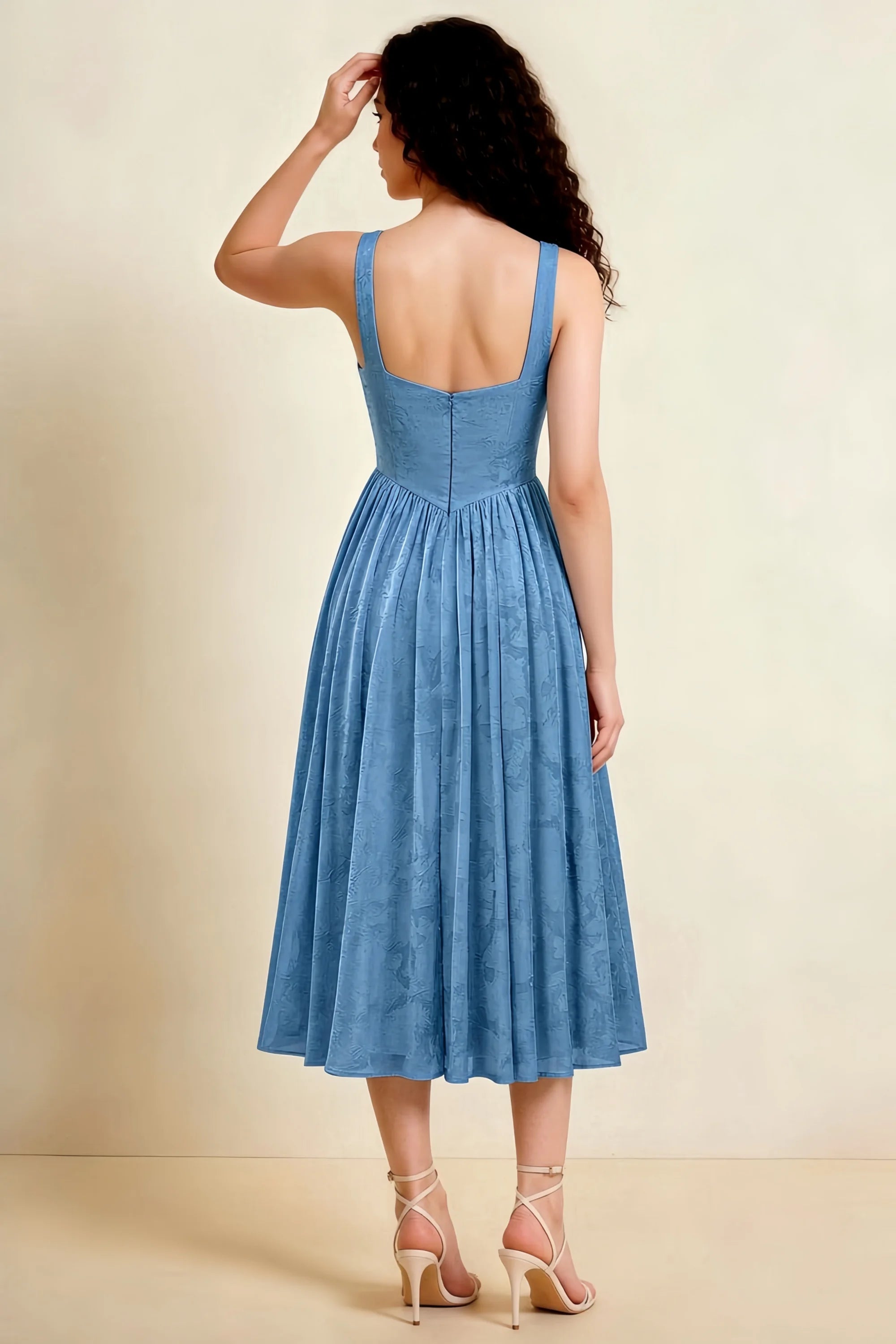 Alana Steel Blue Jacquard Pearl Midi Dress with Pockets Secondary image