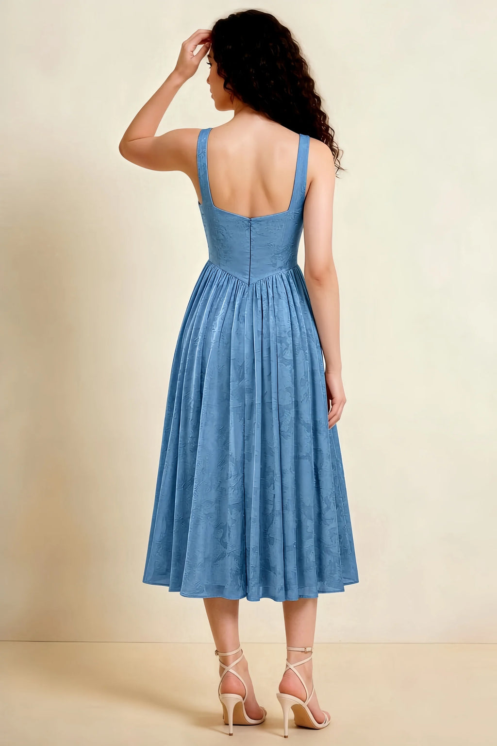Alana Steel Blue Jacquard Pearl Midi Dress with Pockets