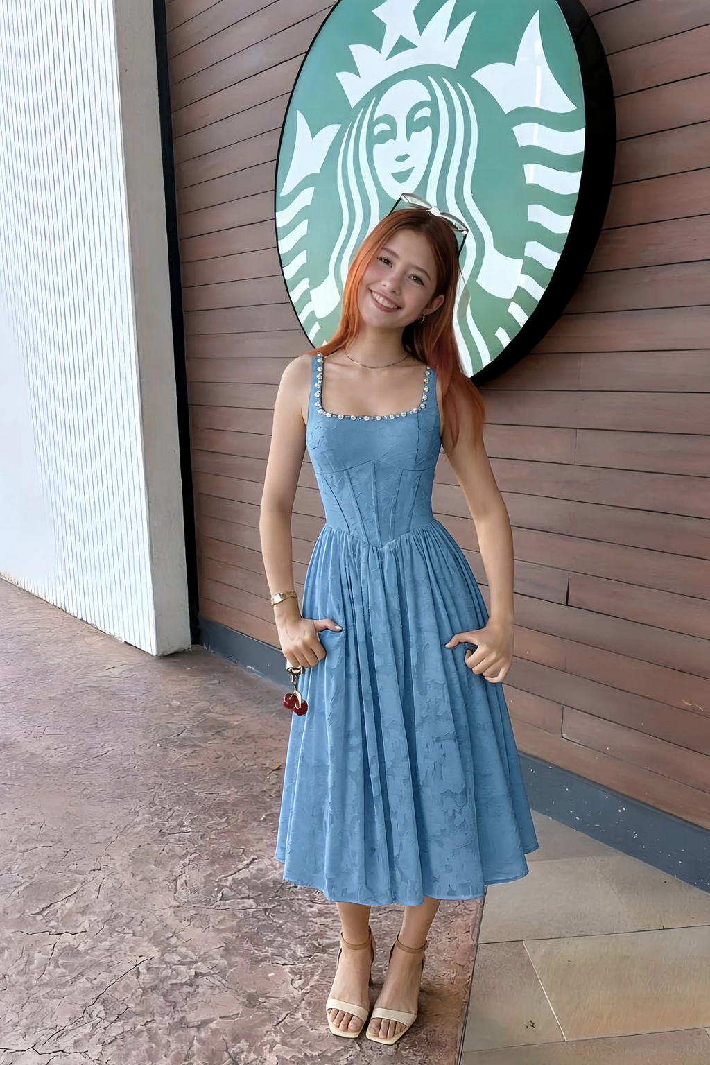 Alana Steel Blue Jacquard Pearl Midi Dress with Pockets