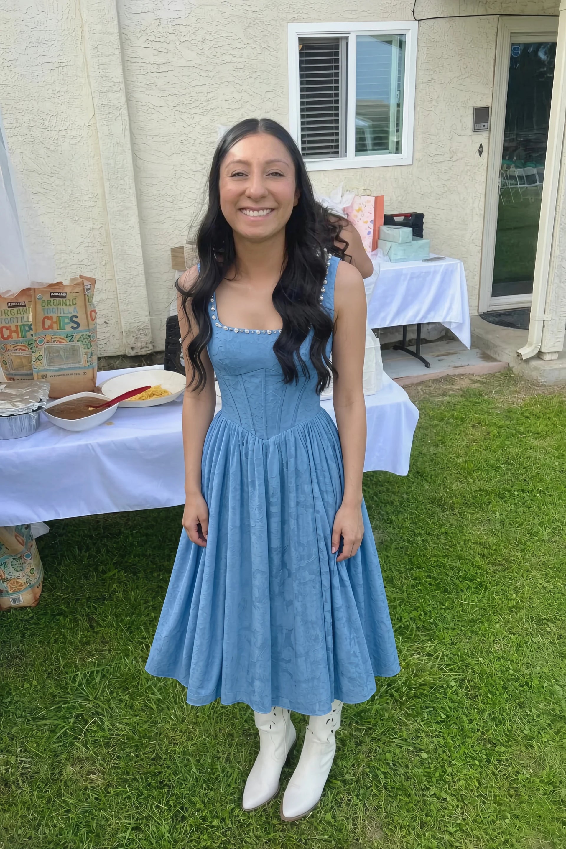 Alana Steel Blue Jacquard Pearl Midi Dress with Pockets