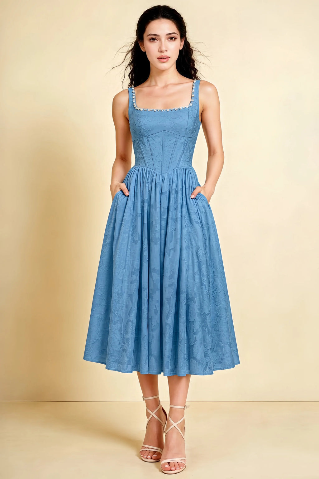 Alana Steel Blue Jacquard Pearl Midi Dress with Pockets