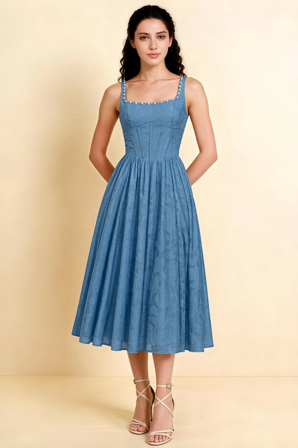 Alana Steel Blue Jacquard Pearl Midi Dress with Pockets
